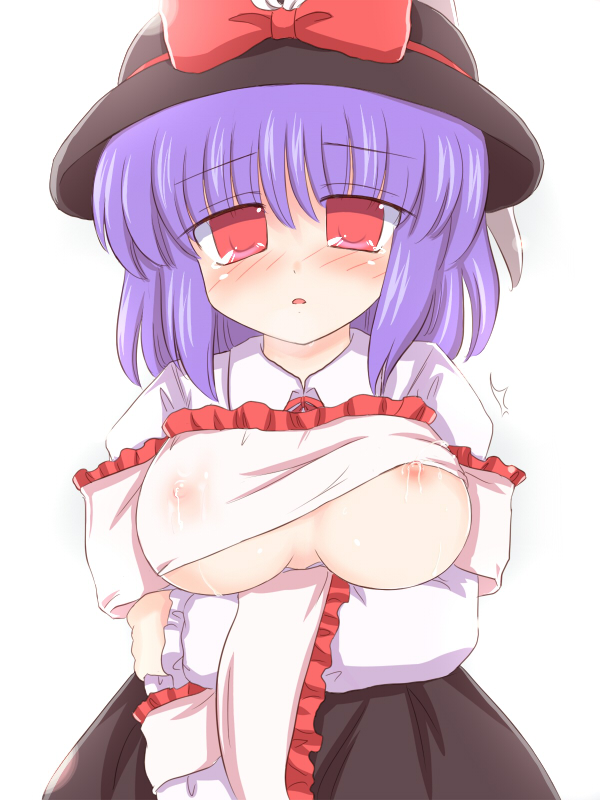 ry (yagoyago), nagae iku, touhou, breast hold, 1girl, blue hair, blush, bow, bowtie, breasts, clothes lift, covered erect nipples, d:, empty eyes, female focus, frown, hat, hat bow, holding own arm, huge breasts, lactation, lactation through clothes, large breasts, looking at viewer, milk, nipples, no bra, nose blush, open mouth, purple hair, red eyes, ribbon, see-through clothes, shawl, shirt, shirt lift, short hair, simple background, skirt, solo, tearing up, tears, upper body, white background