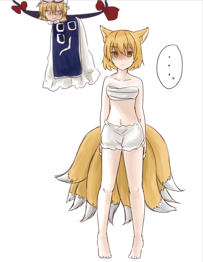 koto (shiberia39), yakumo yukari, touhou, …, 2girls, animal ears, annoyed, barefoot, blonde hair, bloomers, blue tabard, chibi, dress, fox ears, frown, gap (touhou), hair between eyes, hat, hat ribbon, holding, holding unworn clothes, holding unworn dress, kitsune, kyuubi, long dress, long hair, mob cap, multiple girls, multiple tails, navel, prank, red ribbon, ribbon, sarashi, shaded face, short hair, simple background, smug, standing, tabard, tail, underwear, unworn dress, white background, white dress, white hat, yellow eyes