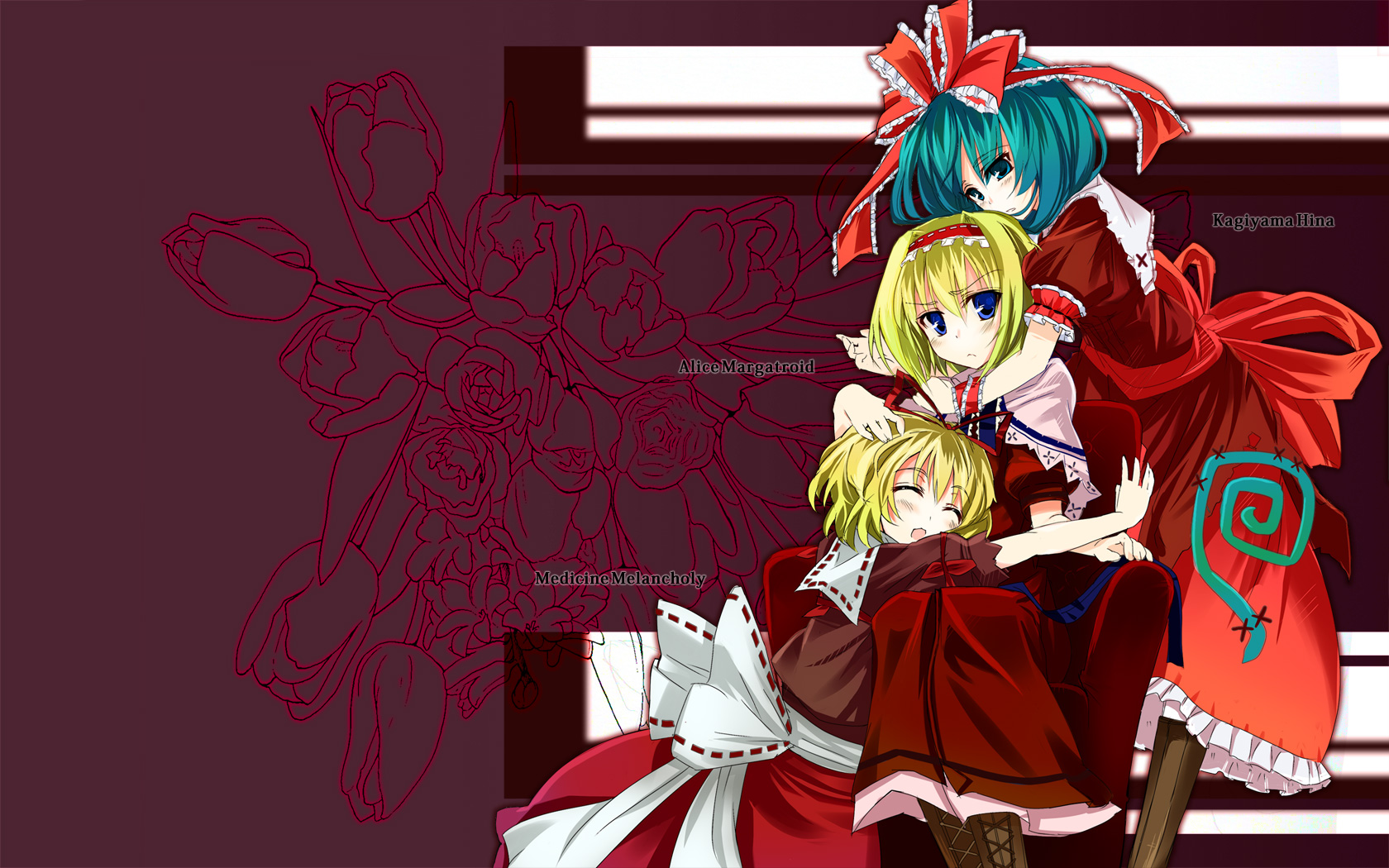 gotyou, alice margatroid, kagiyama hina, medicine melancholy, touhou, bad id, bad pixiv id, highres, 3girls, blonde hair, blue dress, blue eyes, blush, closed eyes, dress, female focus, green hair, kneeling, looking at viewer, multiple girls, puffy short sleeves, puffy sleeves, red dress, short hair, short sleeves, sitting