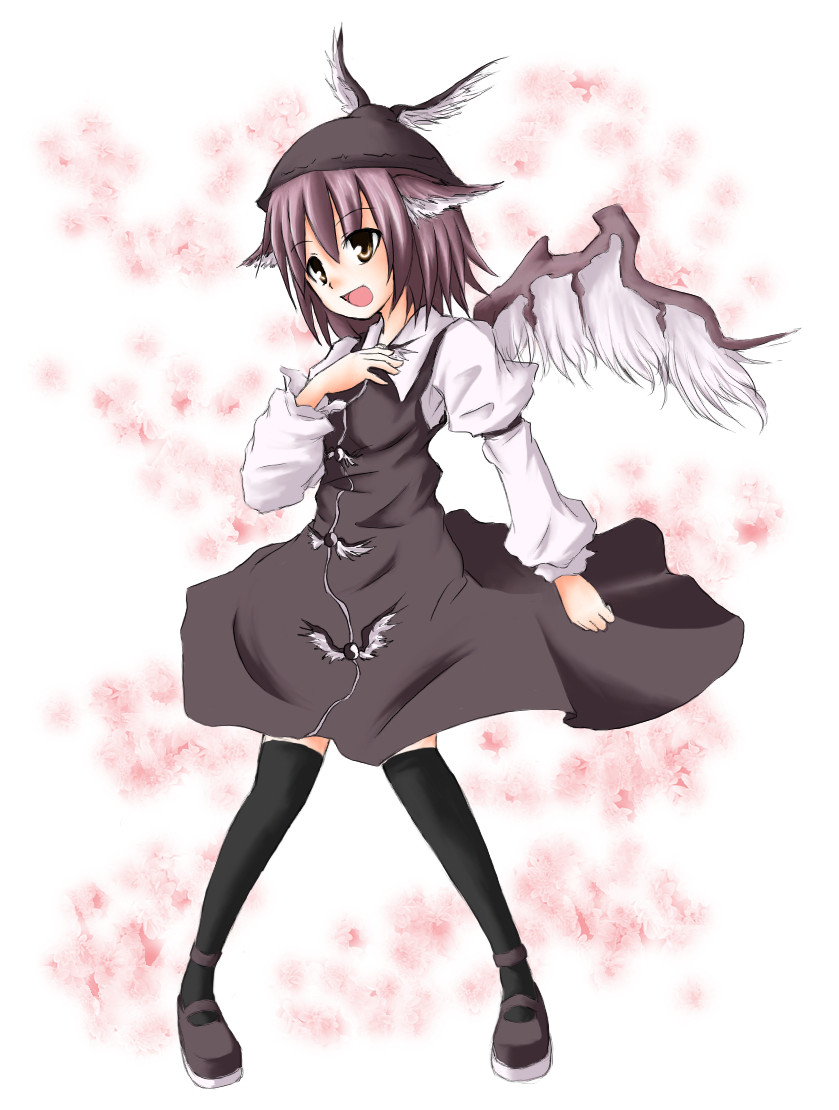 mochizuki ado, mystia lorelei, touhou, 1girl, animal ears, black thighhighs, dress, female focus, hand on own chest, hat, over-kneehighs, ribbon, short hair, smile, solo, thighhighs, wings