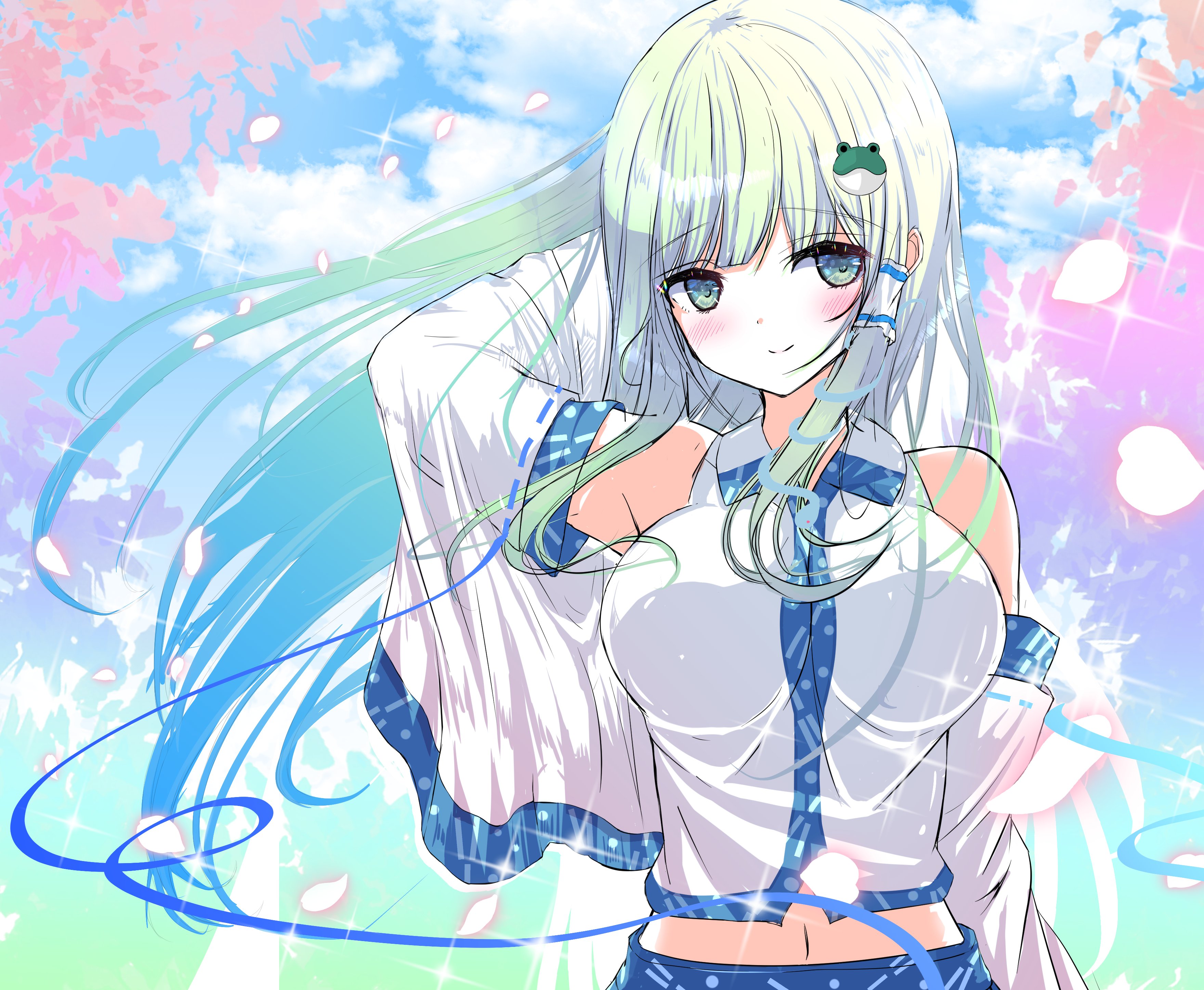 tomo (uguisu-tei), kochiya sanae, touhou, absurdres, commentary request, highres, 1girl, arm behind head, blue skirt, blue sky, blush, breasts, closed mouth, collared shirt, detached sleeves, falling petals, frog hair ornament, green eyes, green hair, hair ornament, hair tubes, large breasts, long hair, looking at viewer, midriff, navel, nontraditional miko, petals, shirt, skirt, sky, sleeveless, sleeveless shirt, smile, snake hair ornament, solo, upper body, white shirt, white sleeves, wide sleeves