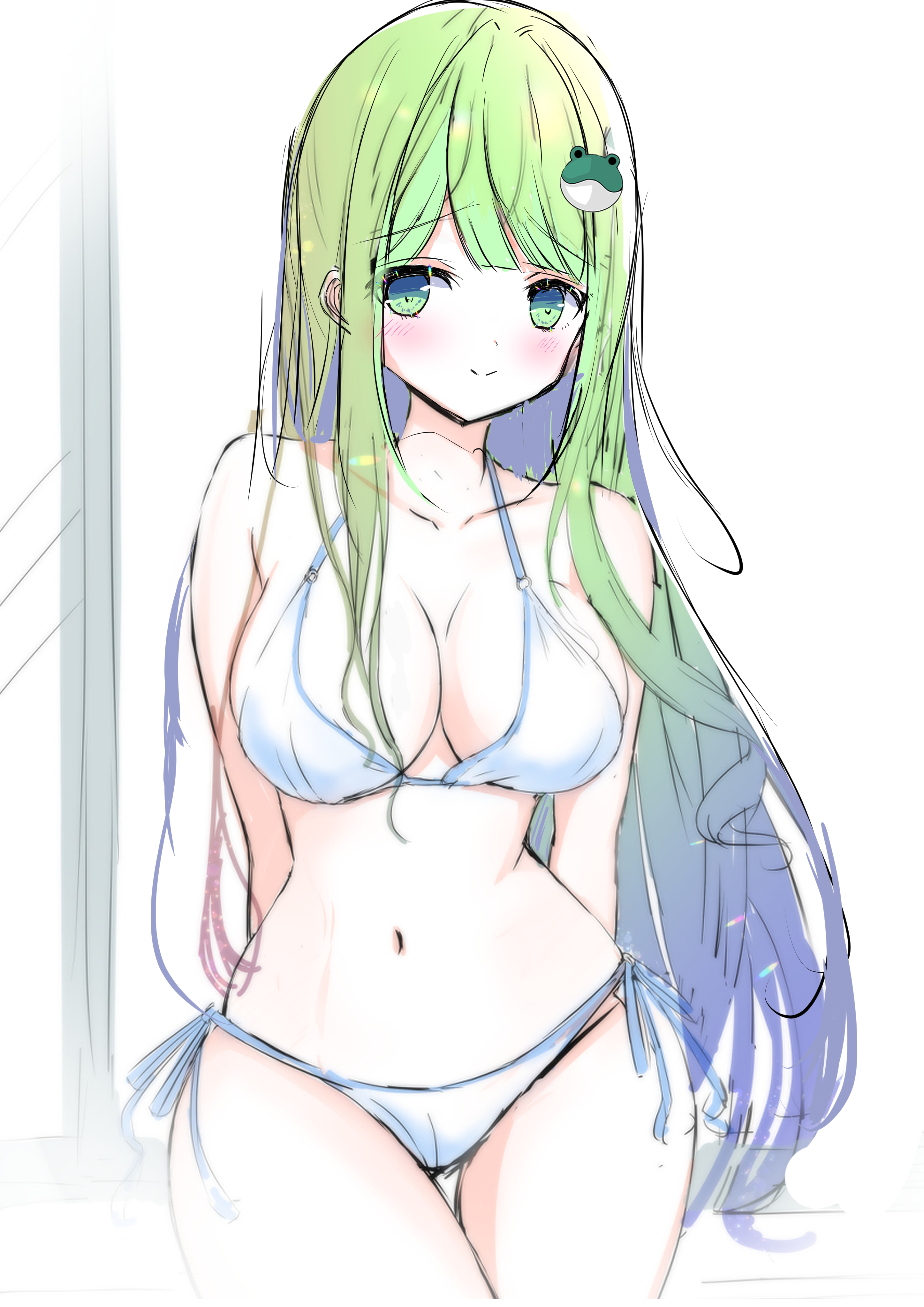 tomo (uguisu-tei), kochiya sanae, touhou, absurdres, highres, 1girl, arms behind back, bikini, blush, breasts, closed mouth, collarbone, cowboy shot, frog hair ornament, green eyes, green hair, hair ornament, large breasts, long hair, looking at viewer, side-tie bikini bottom, smile, solo, swimsuit, white bikini