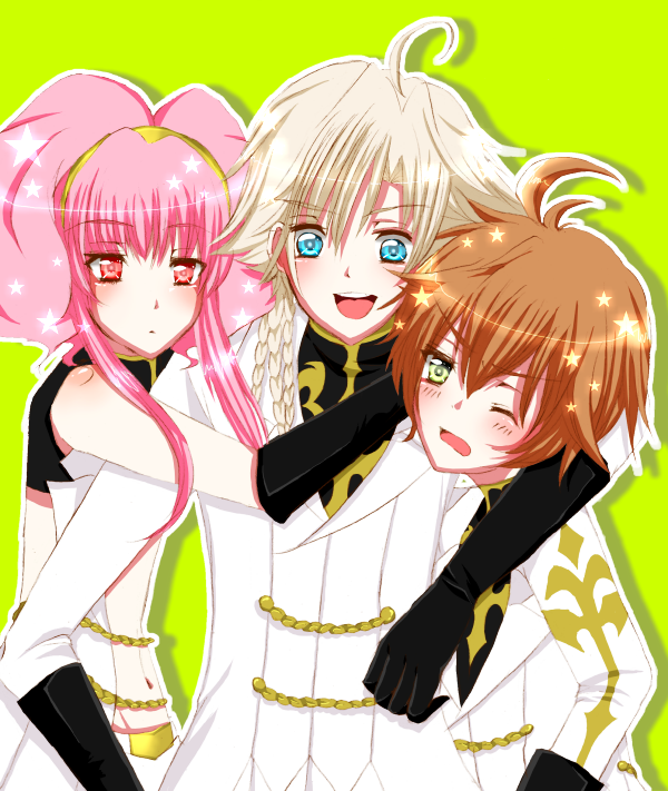 guriko, anya alstreim, gino weinberg, kururugi suzaku, code geass, bad id, bad pixiv id, 00s, 1girl, 2boys, multiple boys, pink eyes, pink hair