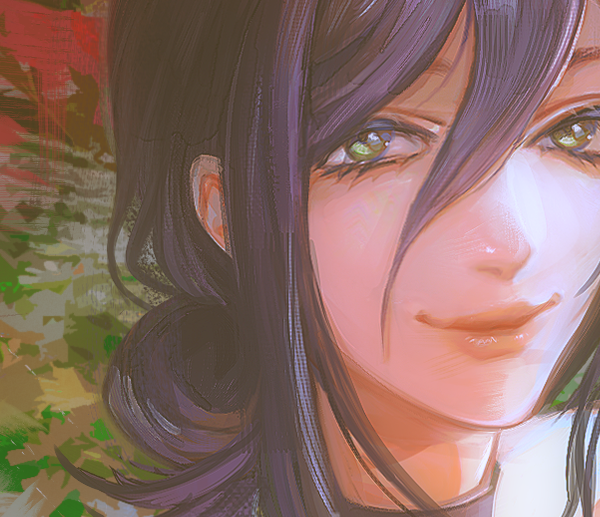 dromi999, reze (chainsaw man), chainsaw man, 1girl, black hair, close-up, closed mouth, green eyes, hair between eyes, hair bun, looking at viewer, smile, solo
