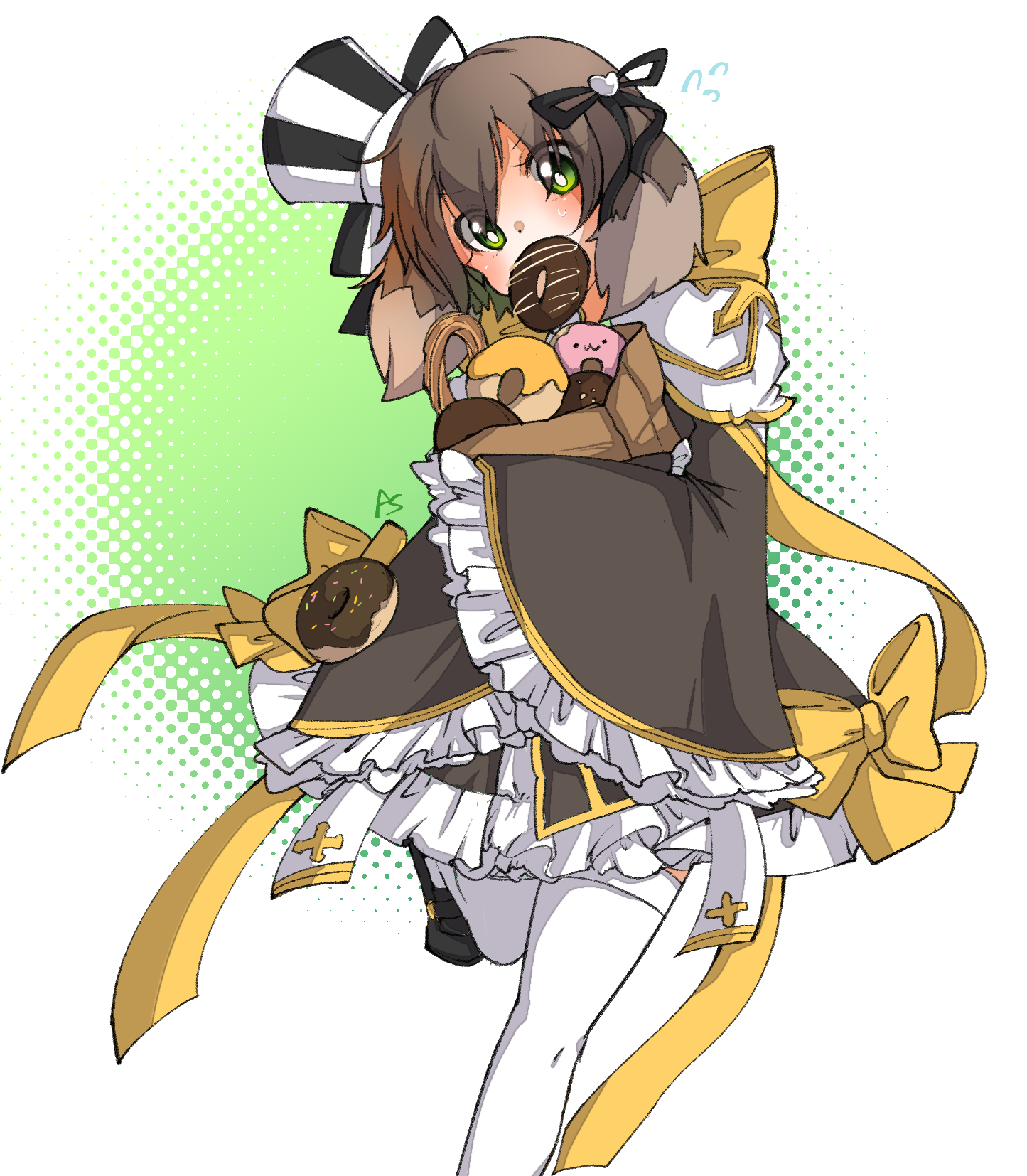asuta (kinakomoti300), arch bishop (ragnarok online), ragnarok online, commentary request, highres, 1girl, bag, black dress, black hat, black ribbon, black shoes, blush, bow, brown hair, donut, dress, dress bow, eating, food, foot out of frame, frilled dress, frilled sleeves, frills, green background, green eyes, hair ribbon, hat, looking at viewer, official alternate costume, paper bag, ribbon, shoes, short hair, solo, thighhighs, top hat, walking, white background, white hat, white thighhighs, yellow bow