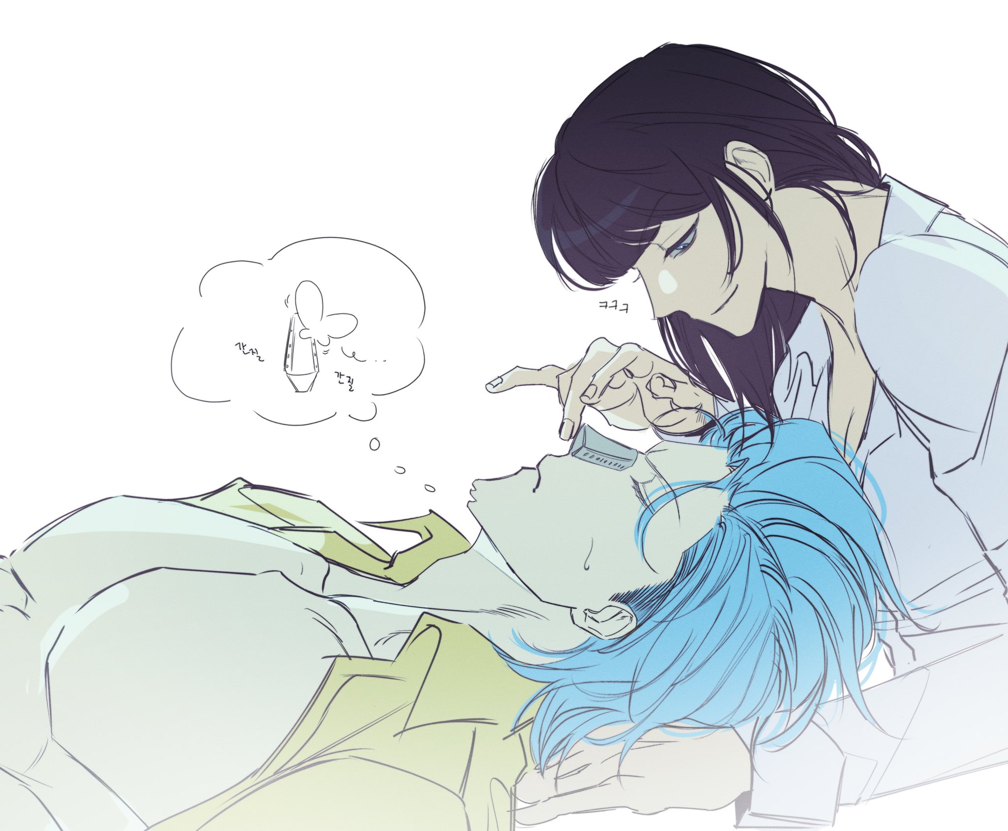 franky (one piece), nico robin, one piece, highres, 1boy, 1girl, black hair, blue hair, cyborg, lineart, looking at another, messy hair, robot, sketch, sleeping, speech bubble, thought bubble, wobddy