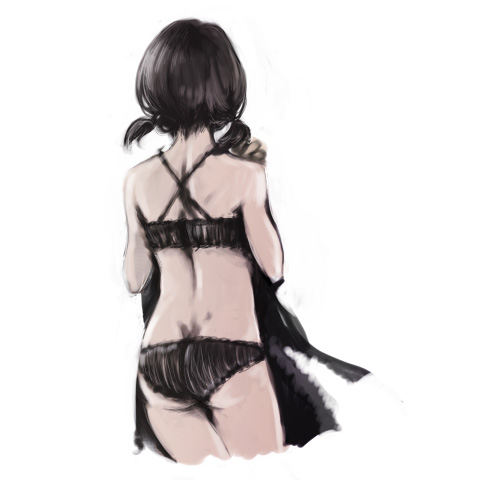 rr (ryohej), lowres, 1girl, back, black hair, black panties, bra, female focus, lingerie, panties, rr (pixiv), short twintails, simple background, solo, twintails, underwear, underwear only, white background