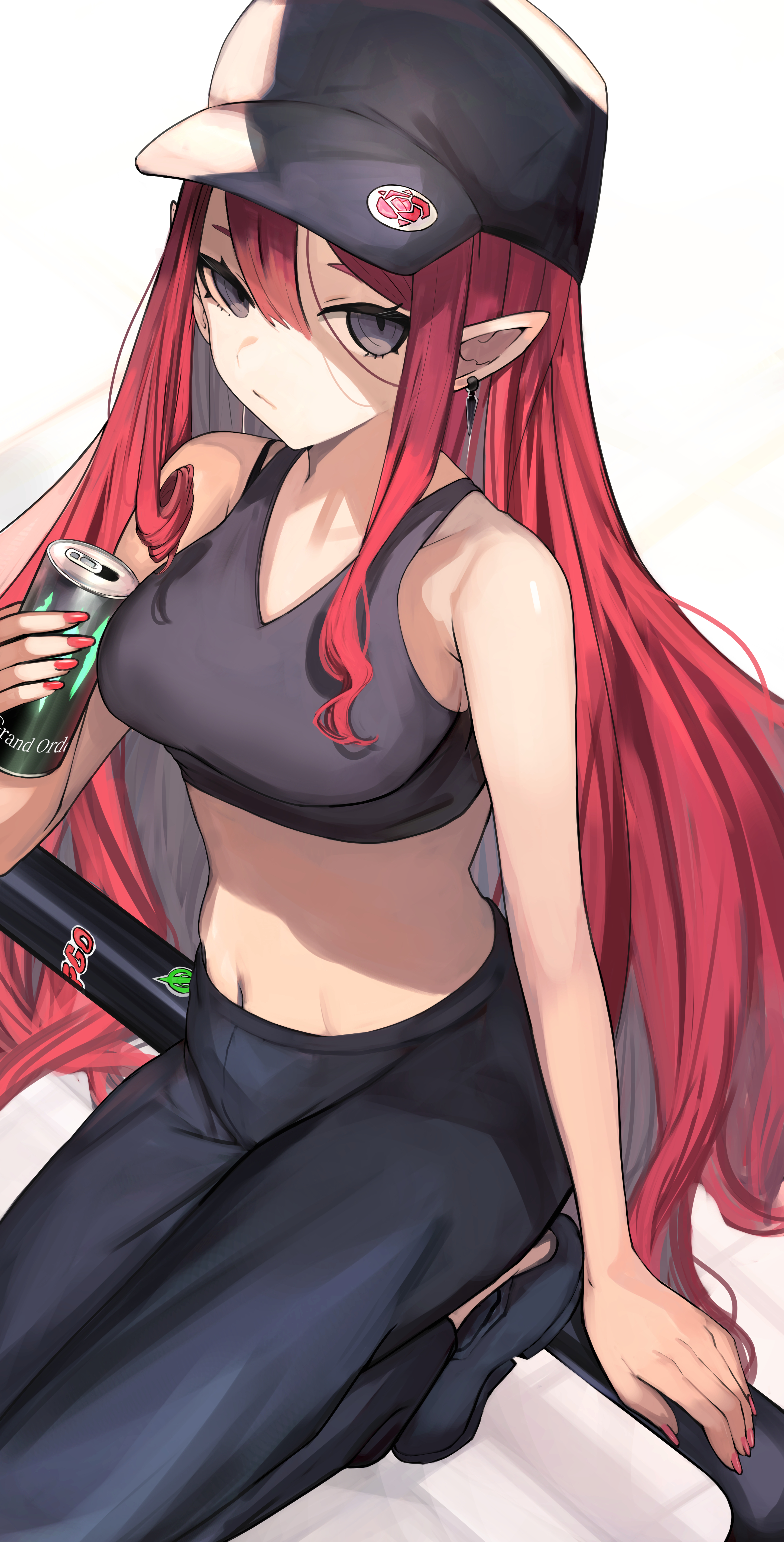 hiro (user yhpw4853), baobhan sith (fate), fate/grand order, fate (series), absurdres, highres, 1girl, black hat, breasts, can, crop top, drink can, earrings, grey eyes, hat, jewelry, kneeling, long hair, looking at viewer, navel, pink hair, pointy ears, soda can, solo