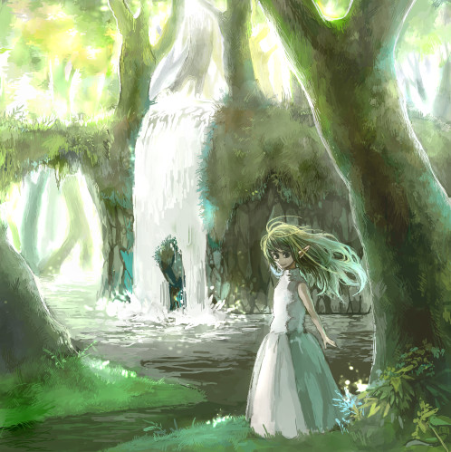 chibi (artist), chibi (shimon), bad id, bad pixiv id, lowres, 1boy, 1girl, blonde hair, dress, green hair, long hair, nature, pointy ears, scenery, tree, water, waterfall