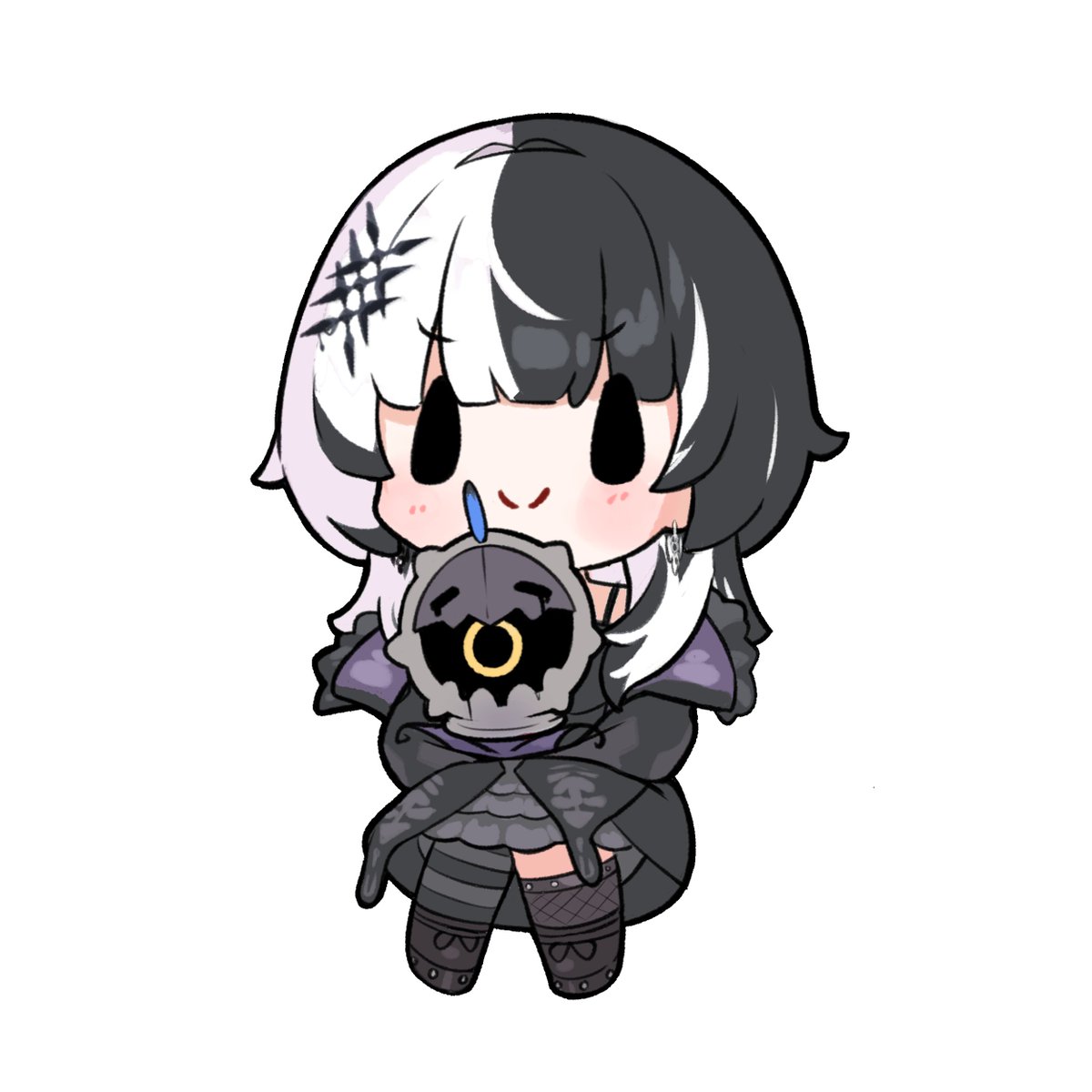 snowmya, novelites (shiori novella), shiori novella, shiori novella (1st costume), hololive, hololive english, highres, 1girl, black boots, black coat, black dress, black hair, boots, chibi, chibi only, closed mouth, coat, dress, fur-trimmed coat, fur trim, long hair, multicolored hair, simple background, smile, split-color hair, two-tone hair, virtual youtuber, white background, white hair
