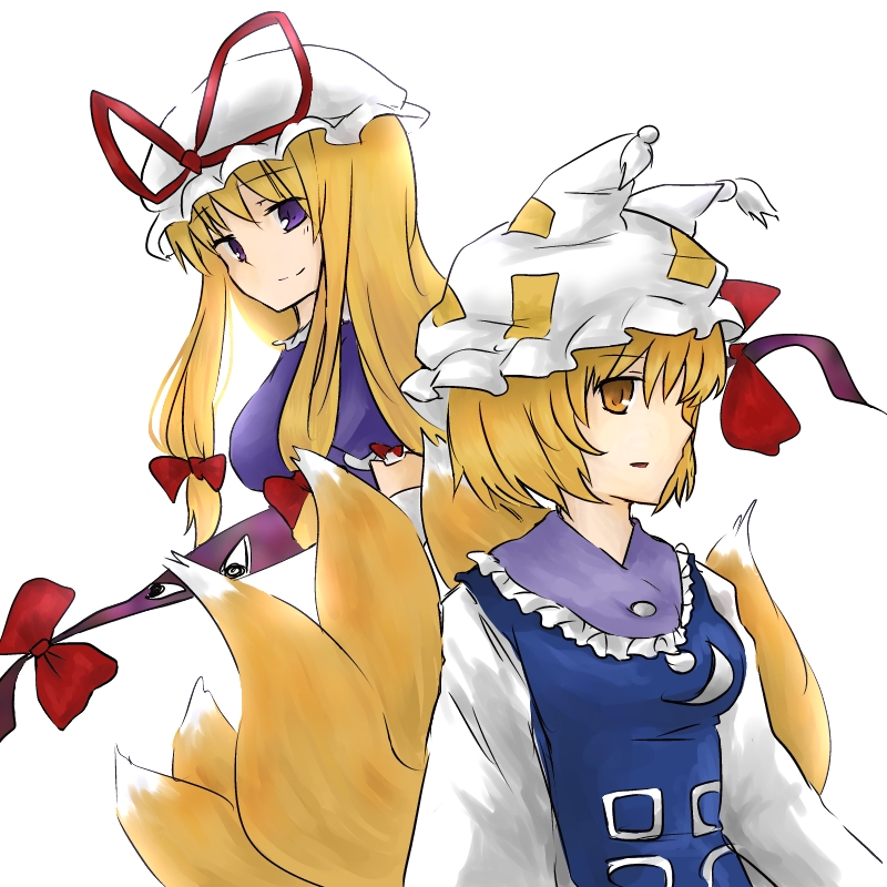 koto (shiberia39), yakumo ran, yakumo yukari, touhou, 2girls, animal ears, blonde hair, blue tabard, bow, bowtie, breasts, closed mouth, dress, fox ears, frills, gap (touhou), hair between eyes, hat, hat ribbon, kitsune, kyuubi, long dress, long hair, mob cap, multiple girls, multiple tails, open mouth, puffy short sleeves, puffy sleeves, purple dress, purple eyes, red bow, red bowtie, red ribbon, ribbon, short hair, short sleeves, simple background, smile, standing, tabard, tail, twintails, white background, white dress, white hat
