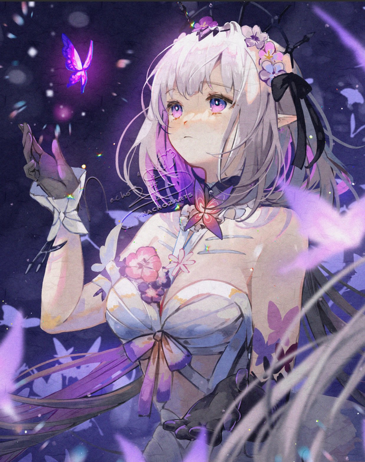 nachoz (nachozart), castorice (honkai: star rail), honkai: star rail, honkai (series), commentary, english commentary, highres, 1girl, asymmetrical gloves, bare shoulders, black bow, black gloves, black tiara, blue flower, blurry, bow, breasts, bug, butterfly, cleavage, closed mouth, collar, colored inner hair, depth of field, dress, dress bow, dress flower, elbow gloves, flower, frilled collar, frills, gloves, hair bow, hair flower, hair ornament, hand up, insect, long hair, looking at animal, multicolored hair, pink flower, pointy ears, purple bow, purple butterfly, purple eyes, purple flower, purple hair, signature, sleeveless, sleeveless dress, solo, tiara, twitter username, uneven gloves, upper body, white dress, white flower, white hair