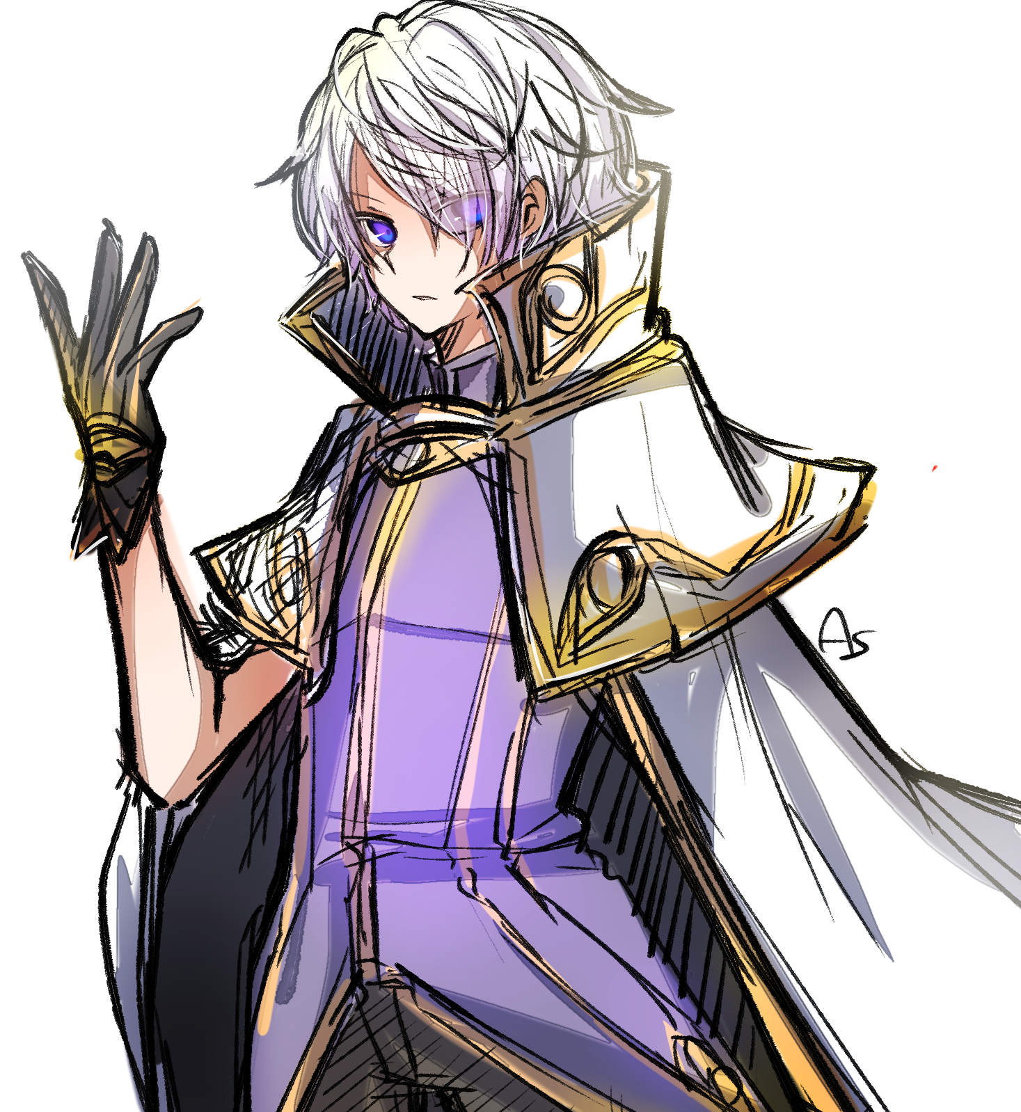 asuta (kinakomoti300), wizard (ragnarok online), ragnarok online, commentary request, highres, 1boy, alternate color, black gloves, black pants, cape, cowboy shot, expressionless, eyes visible through hair, gloves, hair over one eye, hand up, looking at viewer, male focus, open mouth, pants, purple eyes, purple shirt, shirt, short hair, simple background, solo, white background, white cape, white hair