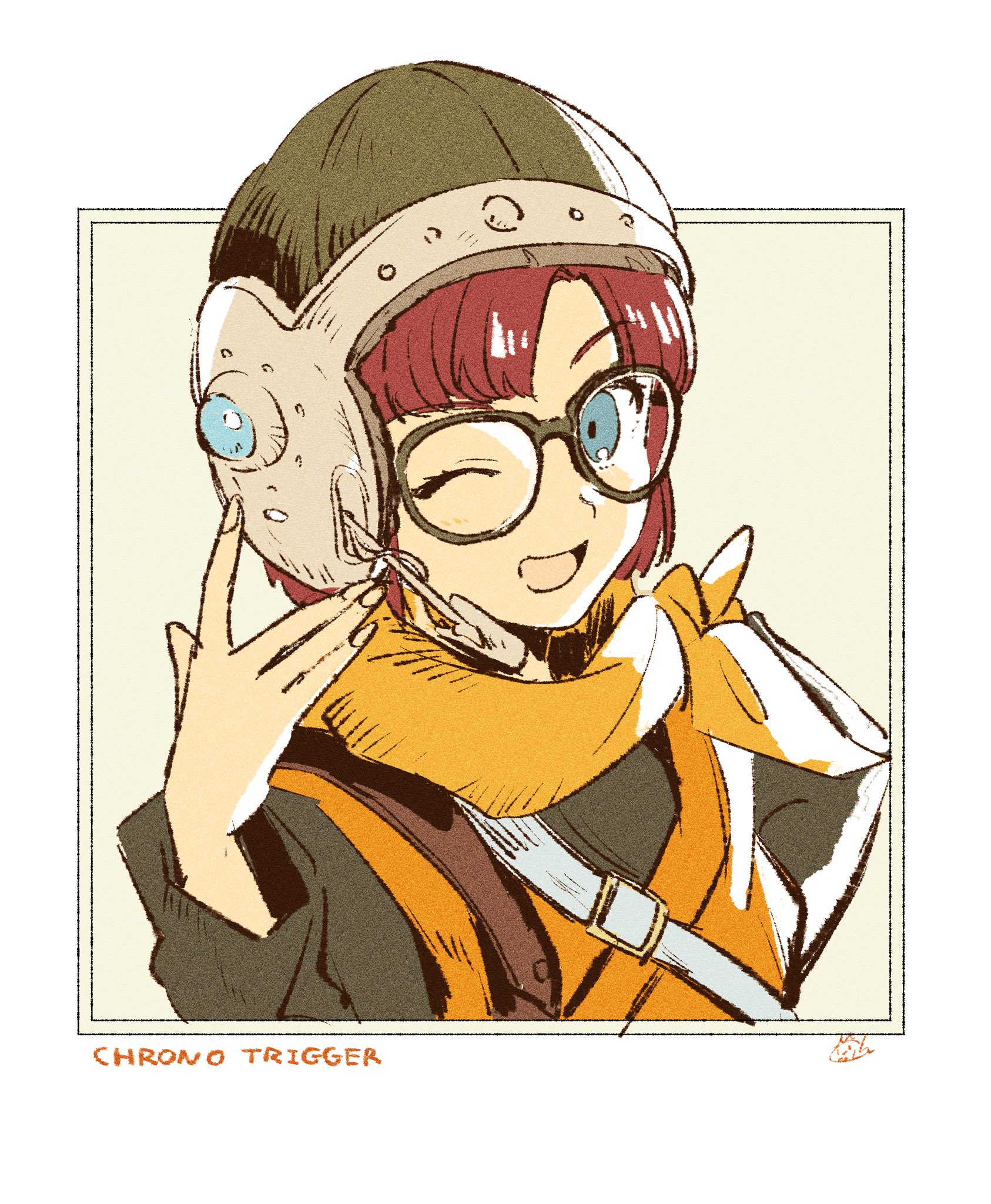 asumi chikyuu, lucca ashtear, chrono trigger, highres, 1girl, blue eyes, blunt bangs, border, copyright name, glasses, grey background, grey shirt, hand on own hip, helmet, looking at viewer, neckerchief, one eye closed, open mouth, orange tunic, parted bangs, portrait, purple hair, shirt, short hair, smile, solo, tunic, white border, yellow neckerchief