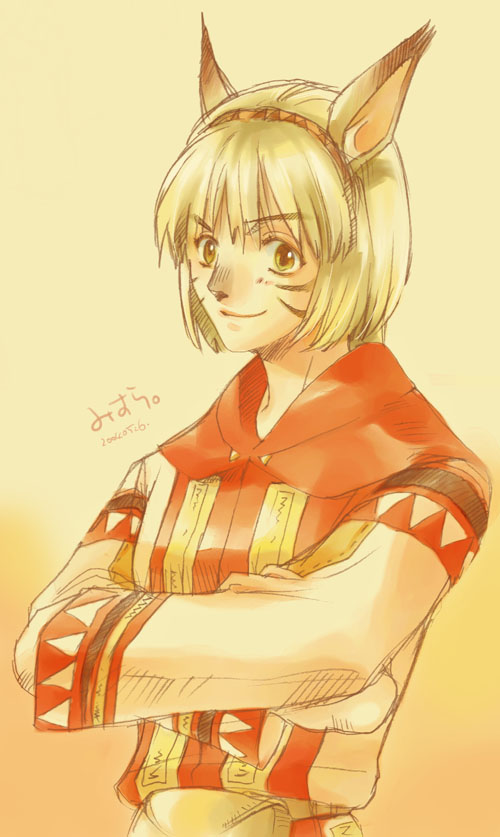 mithra (ff11), white mage (final fantasy), final fantasy, final fantasy xi, 00s, 1girl, animal ears, blonde hair, female focus, gradient background, short hair, solo, yellow eyes