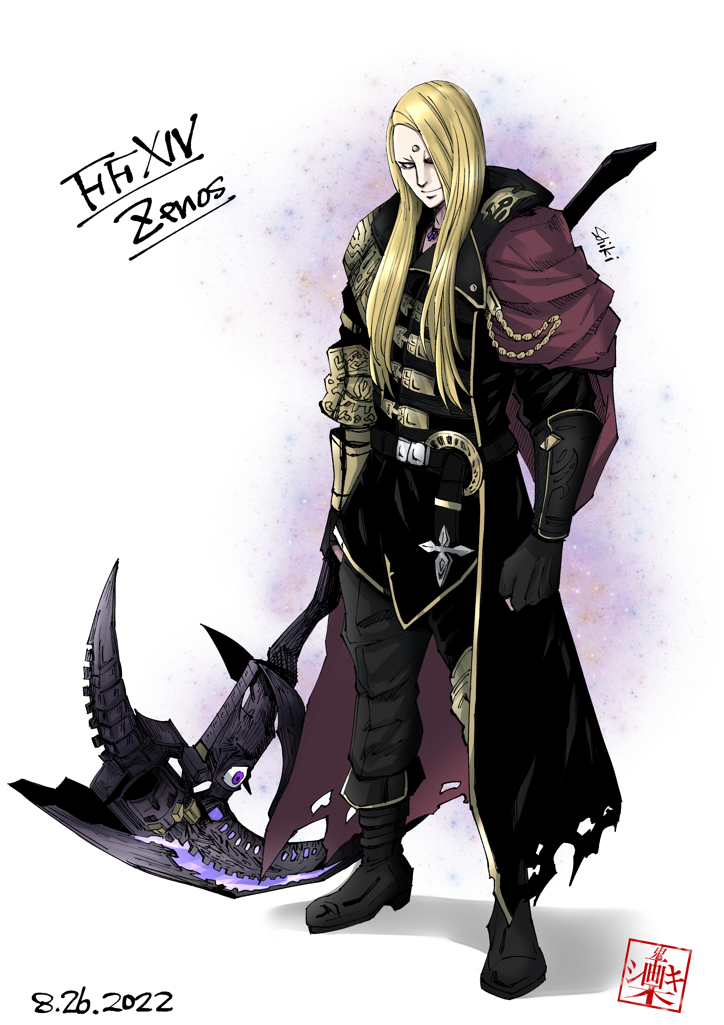 lakugali shiki, zenos yae galvus, final fantasy, final fantasy xiv, absurdres, highres, 1boy, artist name, black boots, black coat, black gloves, blonde hair, boots, character name, cloak, closed mouth, coat, copyright name, dated, forehead jewel, full body, gloves, gold trim, holding, holding scythe, long coat, long hair, male focus, parted bangs, scythe, signature, smile, solo, straight hair, vambraces