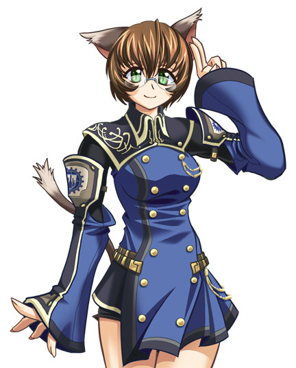 mithra (ff11), final fantasy, final fantasy xi, 00s, 1girl, animal ears, brown hair, female focus, glasses, green eyes, simple background, solo, tail
