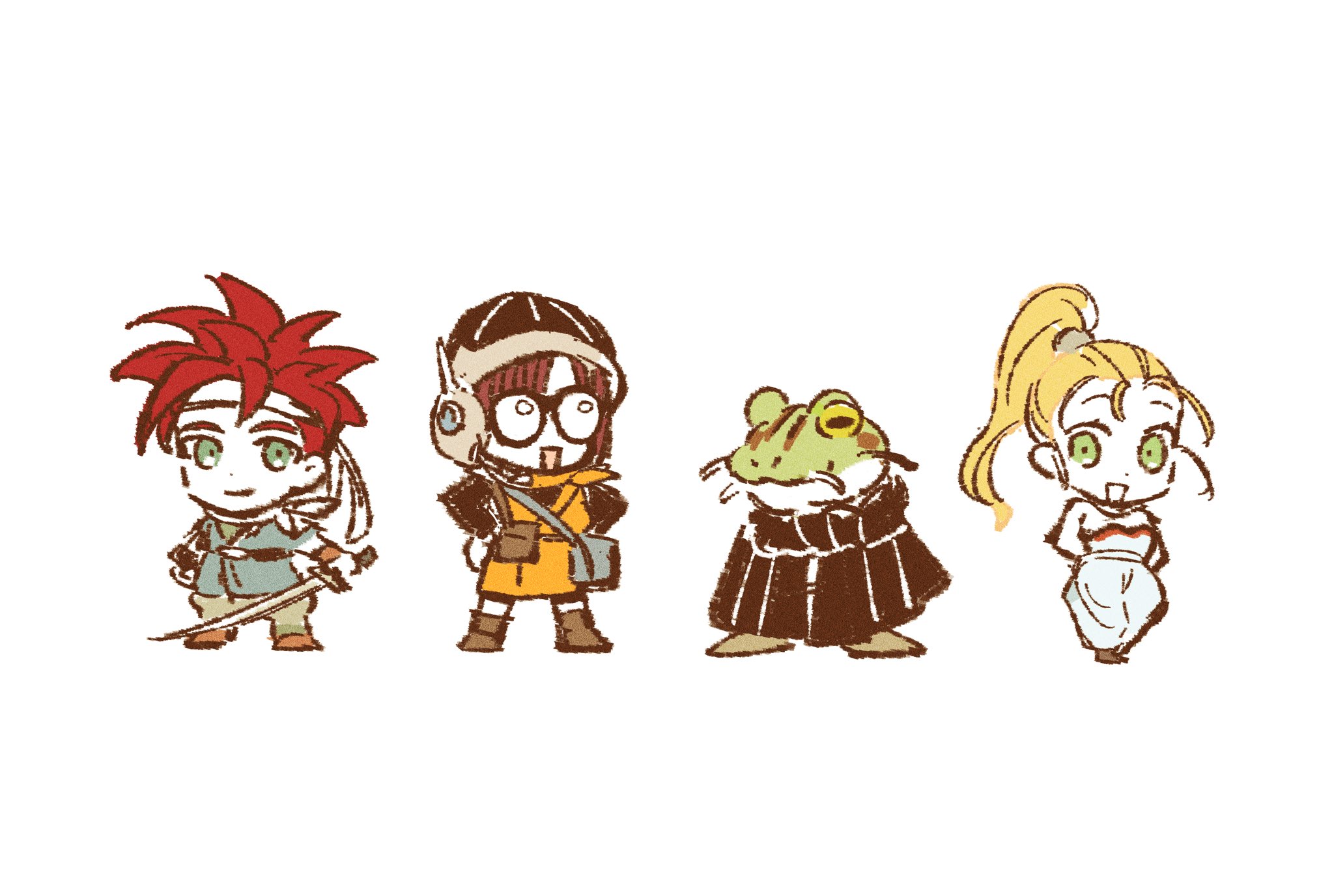 asumi chikyuu, crono (chrono trigger), frog (chrono trigger), lucca ashtear, marle (chrono trigger), chrono trigger, highres, 2boys, 2girls, bag, black cloak, blonde hair, blue eyes, blue tunic, boots, brown boots, chibi, chibi only, cloak, closed mouth, frog boy, glasses, green eyes, hair tie, headband, headset, helmet, holding, holding sword, holding weapon, horizontal pupils, long hair, multiple boys, multiple girls, neckerchief, open mouth, orange tunic, ponytail, purple hair, red hair, romper, short hair, shoulder bag, sketch, smile, spiked hair, sword, tunic, weapon, white background, white headband, white romper