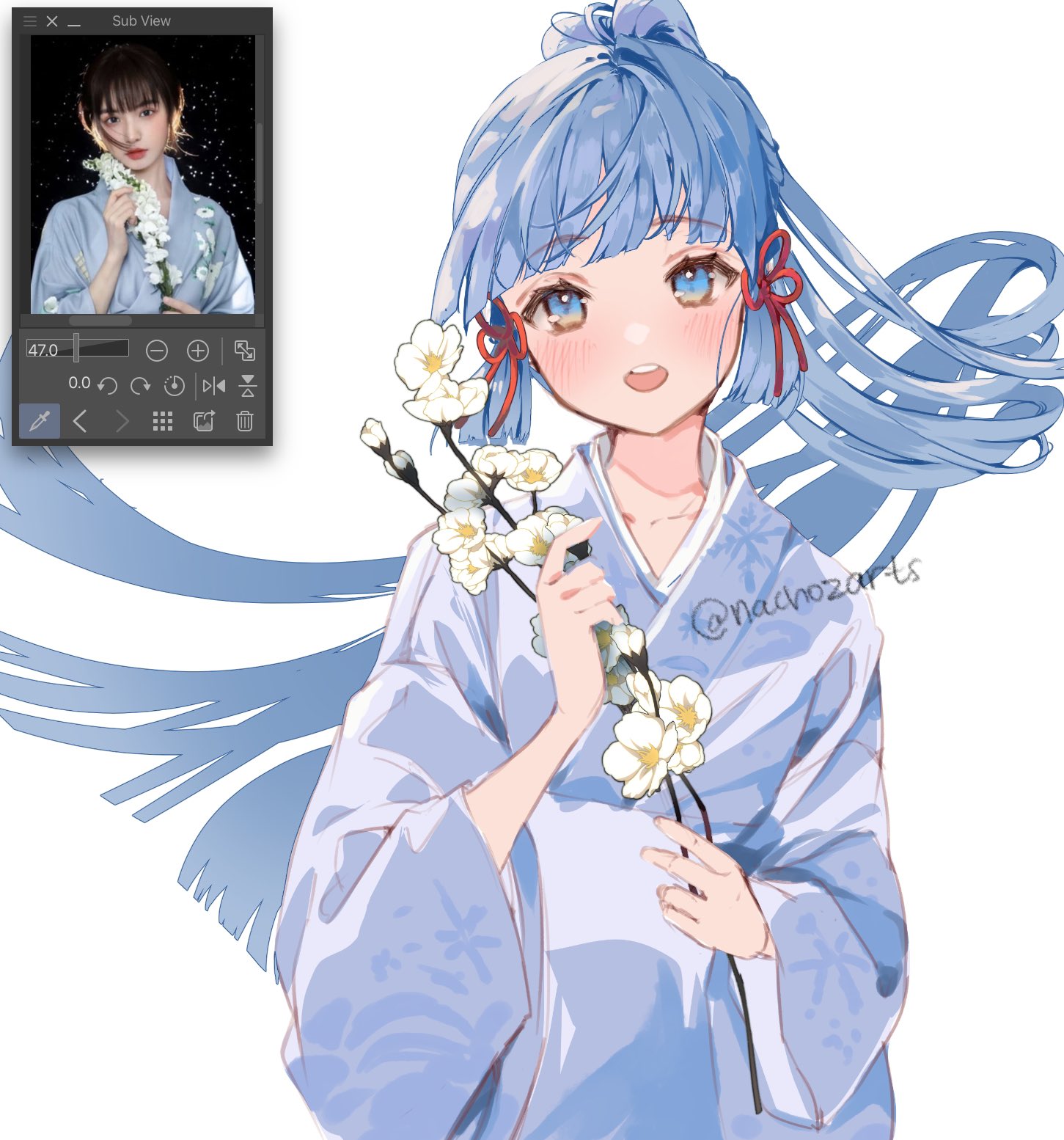 nachoz (nachozart), ayaka (genshin impact), genshin impact, real life, commentary, english commentary, highres, photo-referenced, 1girl, alternate costume, blue eyes, blue hair, blue kimono, blunt bangs, blunt ends, blunt tresses, branch, flower, flower knot, hair ribbon, high ponytail, holding, holding branch, japanese clothes, kimono, light blush, long hair, long sleeves, looking at viewer, open mouth, photo inset, ponytail, red ribbon, reference inset, ribbon, simple background, solo, teeth, tress ribbon, twitter username, upper body, upper teeth only, white background, white flower, wide sleeves