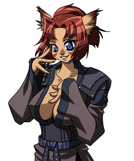 mithra (ff11), ninja (final fantasy), final fantasy, final fantasy xi, 00s, 1girl, animal ears, blue eyes, breasts, female focus, large breasts, ninja, red hair, solo