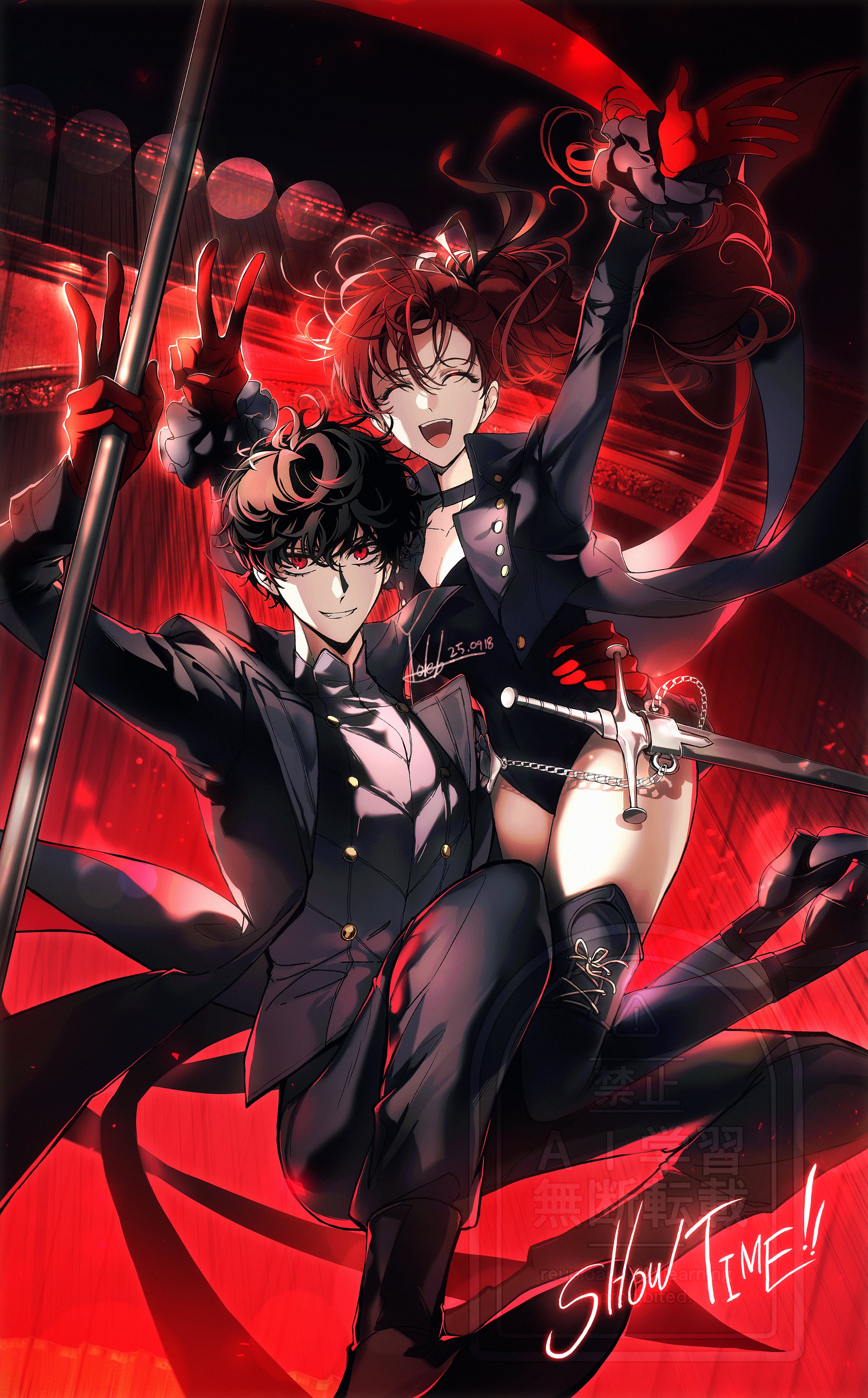 yoteh, amamiya ren, joker (persona 5), violet (persona 5), yoshizawa kasumi, persona, persona 5, persona 5 the royal, absurdres, commentary, english commentary, highres, 1boy, 1girl, artist name, black choker, black coat, black hair, black pants, black shirt, black thighhighs, choker, closed eyes, coat, dated, english text, full body, gloves, grin, hand on another's hip, long hair, looking at viewer, open mouth, pants, ponytail, red eyes, red gloves, red hair, shirt, short hair, smile, sword, teeth, thighhighs, upper teeth only, v, watermark, weapon