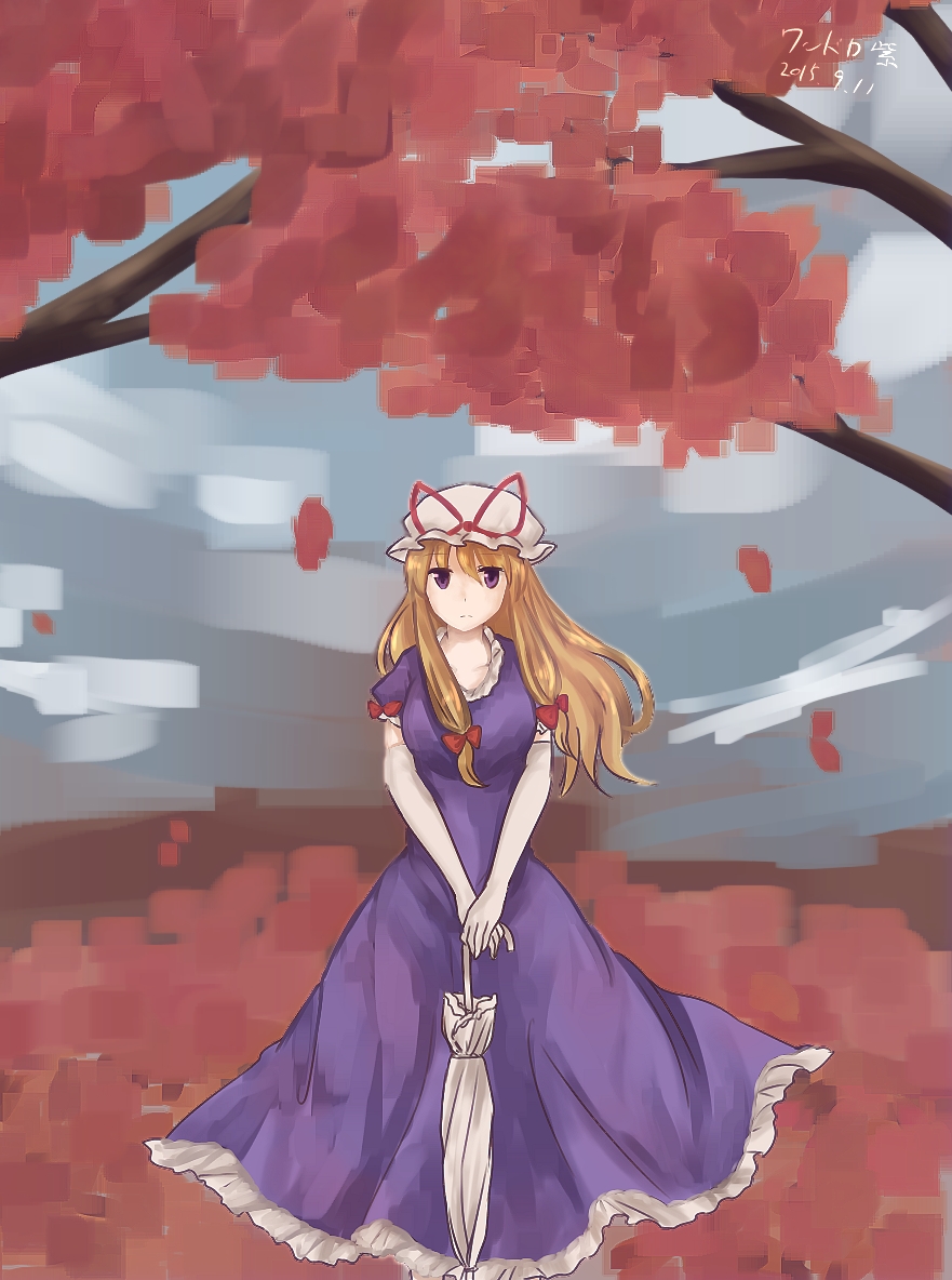 koto (shiberia39), yakumo yukari, touhou, 1girl, artist name, autumn, blonde hair, bow, bowtie, branch, breasts, dated, dress, expressionless, frills, hair between eyes, hat, hat ribbon, holding, holding umbrella, leaf, long dress, looking at viewer, mob cap, purple dress, purple eyes, red bow, red bowtie, ribbon, short sleeves, solo, standing, twintails, umbrella, white hat, wind