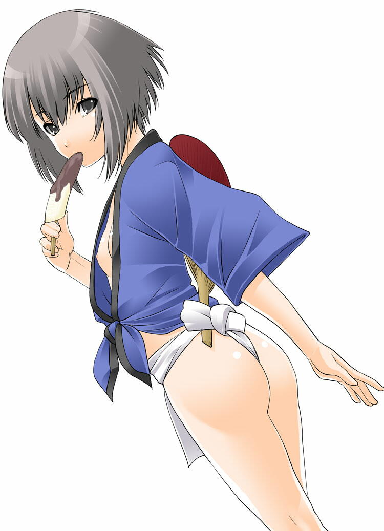 shinama, nagato yuki, suzumiya haruhi no yuuutsu, silver hair, jpeg artifacts, 00s, 1girl, ass, female focus, flat chest, fundoshi, hand fan, japanese clothes, loli, mizu happi, nipple slip, nipples, paper fan, pelvic curtain, simple background, solo, uchiwa, white background
