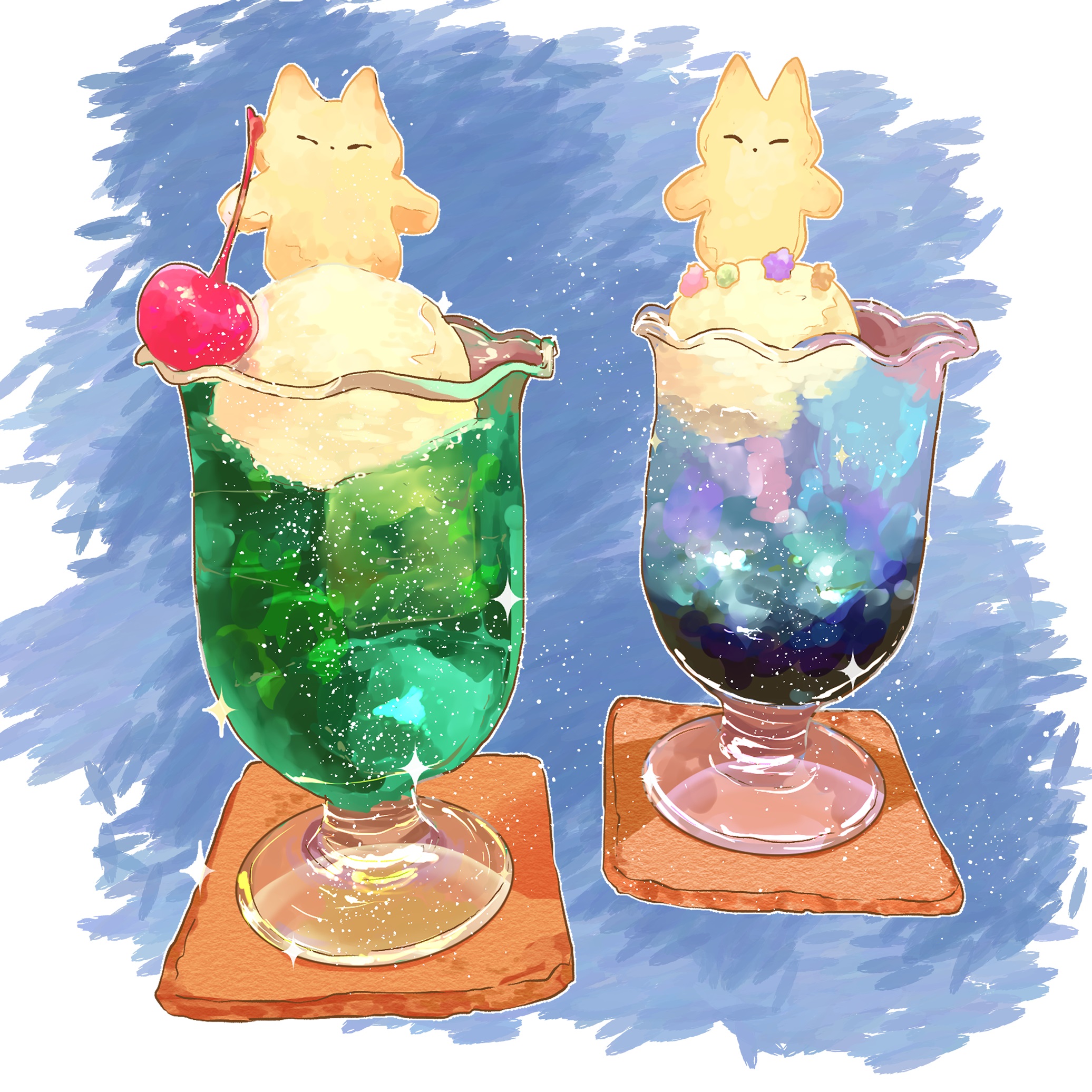 takisou sou, original, commentary request, highres, cherry, cookie, drink, food, food focus, fruit, ice cream, ice cream float, melon soda, no humans