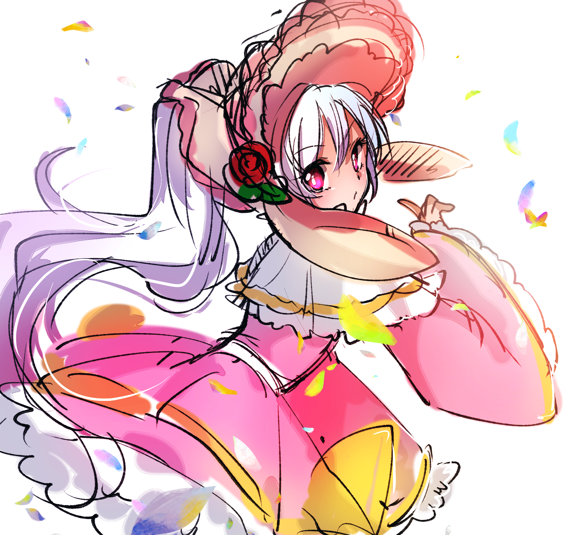 asuta (kinakomoti300), arch bishop (ragnarok online), ragnarok online, commentary request, highres, 1girl, bonnet, bow, cowboy shot, dress, dress bow, frilled dress, frilled sleeves, frills, from behind, high ponytail, long hair, looking at viewer, looking back, official alternate costume, open mouth, pink bonnet, pink dress, pink eyes, ponytail, simple background, solo, two-tone dress, very long hair, white background, white dress, white hair, yellow bow