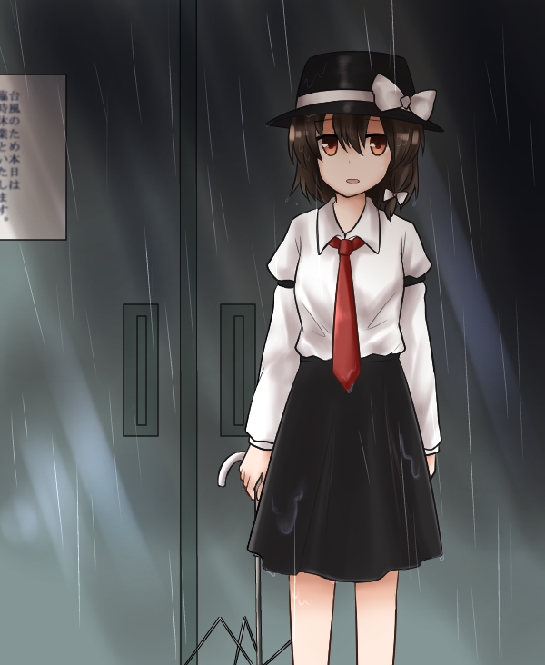 koto (shiberia39), usami renko, touhou, partially translated, translation request, 1girl, arm garter, black hat, black skirt, bow, bowtie, breasts, brown eyes, brown hair, hair between eyes, hat, hat bow, holding, holding umbrella, long sleeves, necktie, open mouth, outdoors, rain, shirt, short hair, skirt, sleeve cuffs, solo, standing, umbrella, wet, wet clothes, white bow, white bowtie, white shirt, white sleeve cuffs