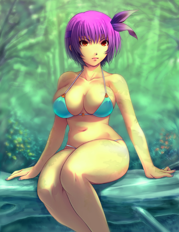 yoko juusuke, ayane (doa), dead or alive, tecmo, bad id, bad pixiv id, 1girl, aqua bikini, bikini, breasts, brown eyes, curvy, female focus, forest, headband, large breasts, nature, navel, purple hair, short hair, sitting, solo, swimsuit