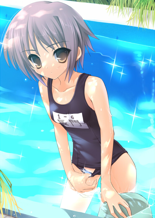 mugen dai, nagato yuki, suzumiya haruhi no yuuutsu, silver hair, 00s, 1girl, black one-piece swimsuit, brown eyes, female focus, one-piece swimsuit, outdoors, school swimsuit, school swimsuit flap, short hair, solo, swimsuit, water