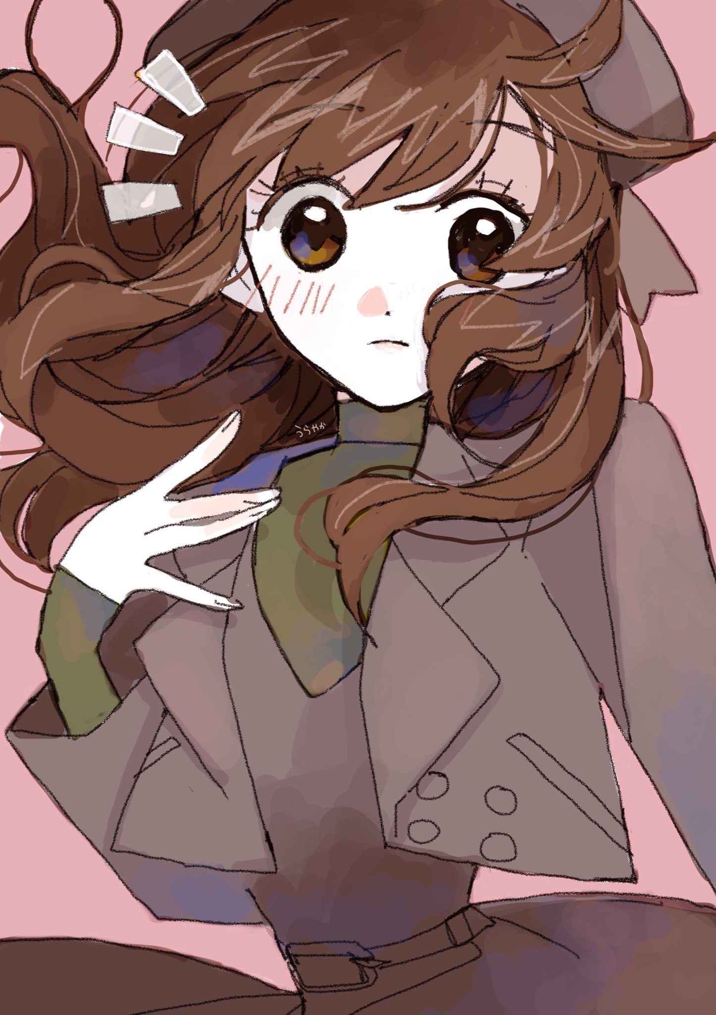 urayaka, original, highres, 1girl, belt, brown eyes, brown hair, closed mouth, facial mark, hand up, long hair, long sleeves, looking at viewer, shirt, simple background, solo, upper body