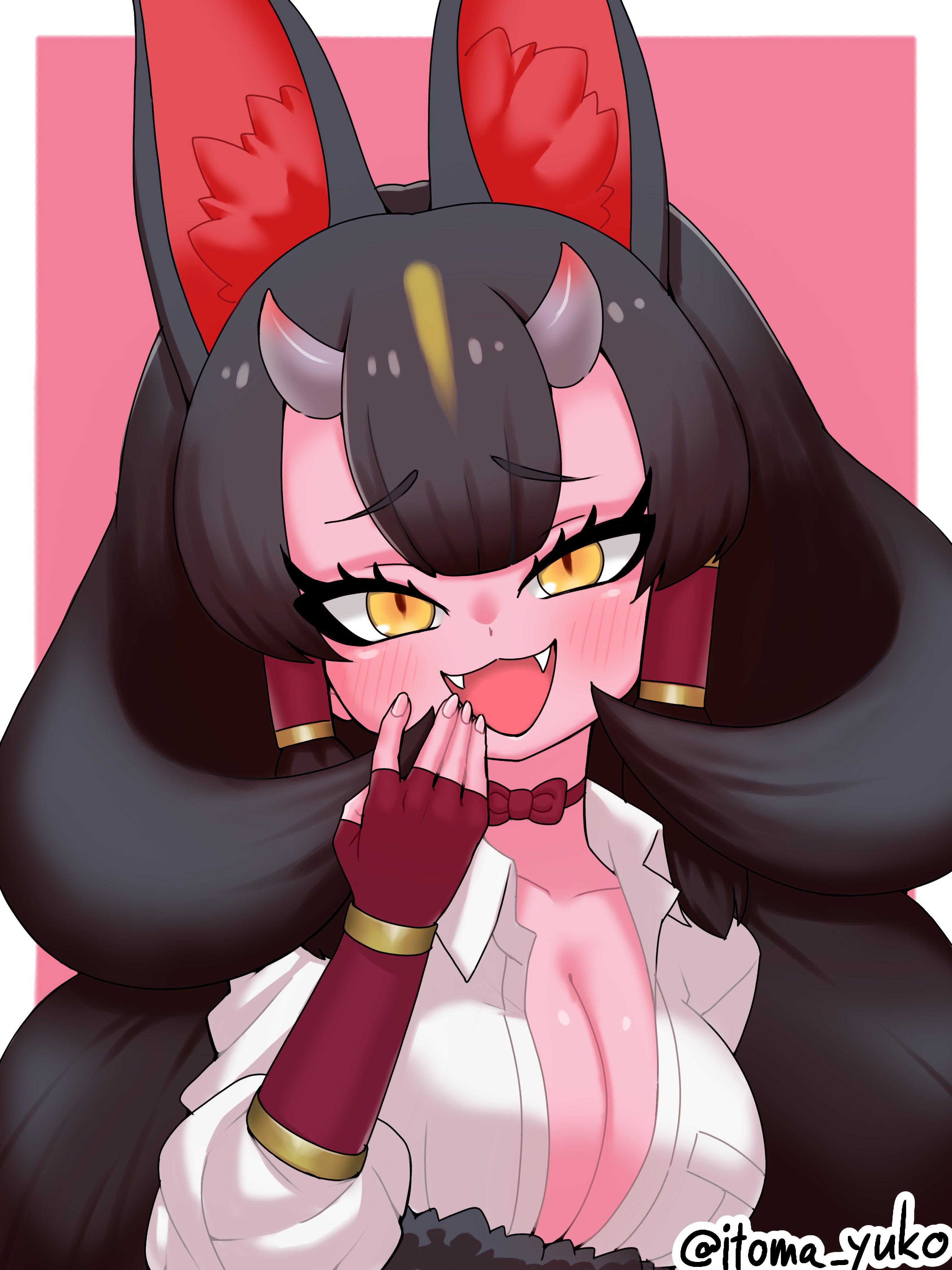 itoma yuko, kemono friends, kemono friends 3, absurdres, highres, animal ears, belt, black fur, black hair, blonde hair, blush, bow, bowtie, bracelet, breasts, brown belt, cleavage, colored skin, extra ears, fangs, fingerless gloves, fox ears, fox girl, fur trim, gloves, gold bracelet, hair between eyes, hair tubes, hand to own mouth, horns, jewelry, kinkaku (kemono friends), looking at viewer, mesugaki, mesugaki pose, multicolored hair, multicolored horns, open mouth, oppai loli, pink horns, puffy sleeves, quad tails, red bow, red bowtie, red gloves, red skin, shirt, short sleeves, smug, white shirt