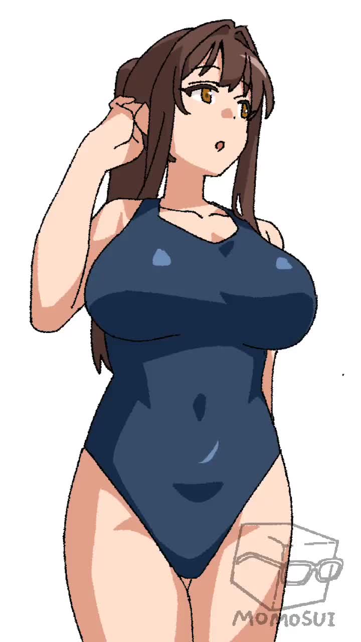 momo no suidou-sui, original, animated, highres, tagme, video, 1girl, breasts, brown hair, full-package futanari, futanari, futanarization, heart, heart-shaped pupils, huge breasts, huge penis, large breasts, large penis, long hair, one-piece swimsuit, penis, penis growth, school uniform, solo, solo focus, swimsuit, symbol-shaped pupils, testicles, white background
