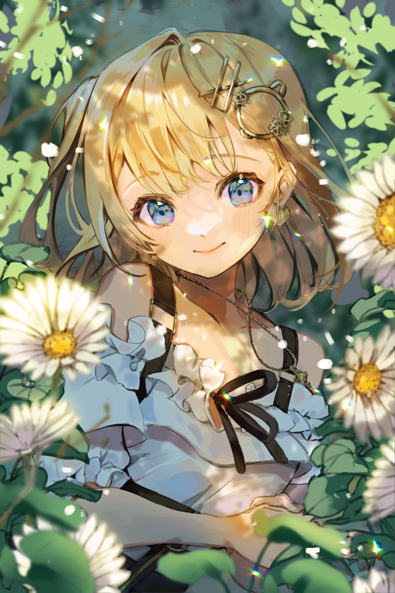 nachoz (nachozart), watson amelia, watson amelia (street casual), hololive, hololive english, hashtag-only commentary, highres, 1girl, bare shoulders, blonde hair, blue eyes, blurry, closed mouth, dappled sunlight, day, depth of field, earrings, flower, frilled shirt, frills, hair ornament, hairclip, heart, heart earrings, jewelry, key, key necklace, leaf, light blush, light particles, looking at viewer, necklace, off-shoulder shirt, off shoulder, one side up, outdoors, shirt, short hair, short sleeves, smile, solo, sunlight, upper body, virtual youtuber, white flower, white shirt