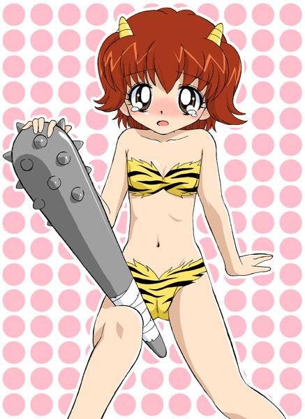 haruna hiroko, hamtaro (series), 1girl, animal print, bad anatomy, bikini, blush, brown eyes, brown hair, club, club (weapon), collarbone, demon girl, demon horns, flat chest, horns, loli, looking at viewer, navel, oni, open mouth, orange bikini, polka dot, polka dot background, print bikini, short hair, sitting, spiked club, spikes, swimsuit, tears, tiger print, weapon, white background