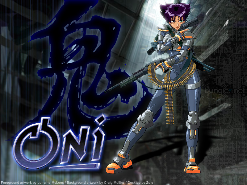 armor, blue eyes, gun, oni, purple hair, short hair, weapon