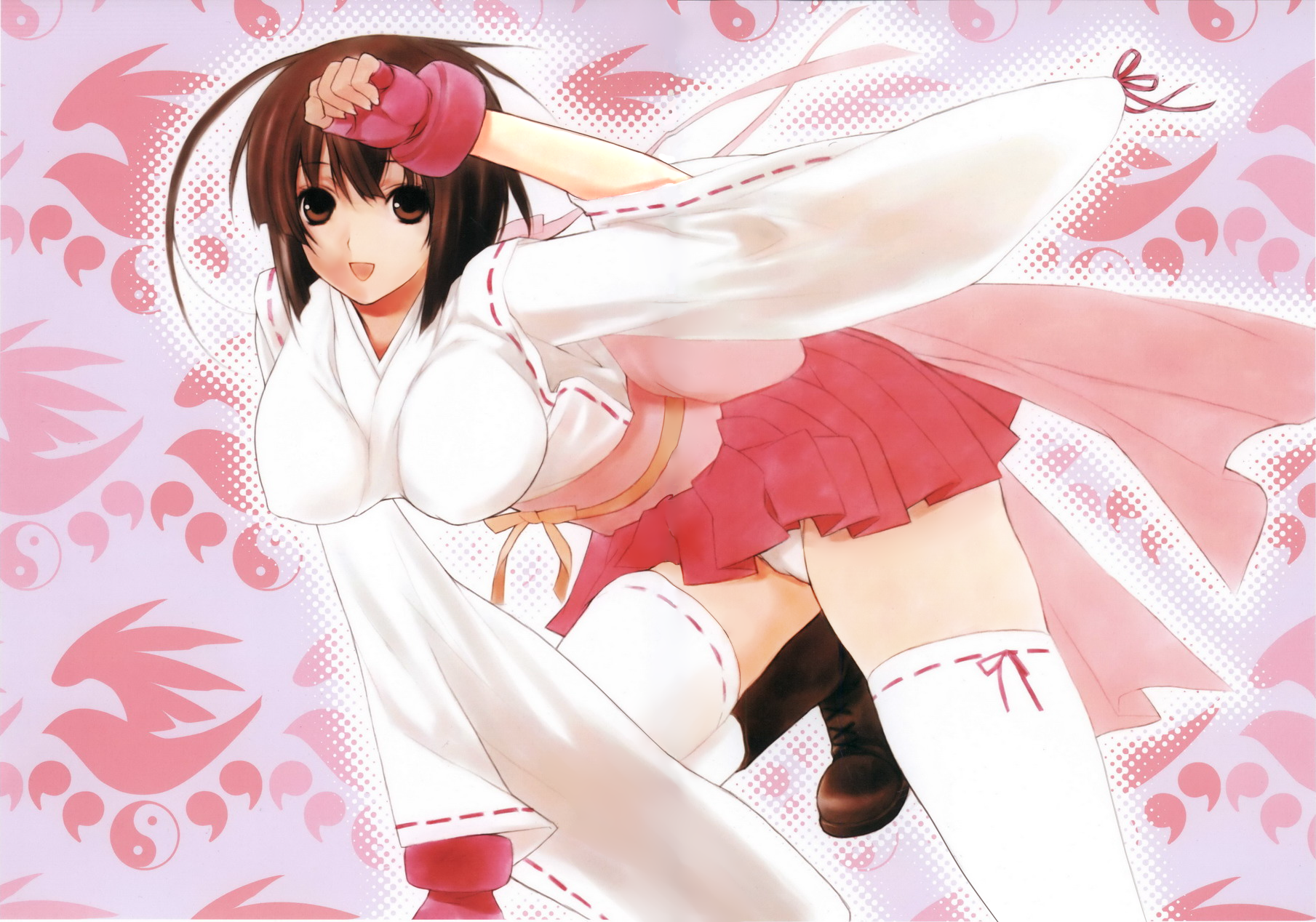 gokurakuin sakurako, musubi, sekirei, highres, non-web source, 00s, 1girl, ahoge, boots, brown eyes, brown hair, female focus, fingerless gloves, gloves, japanese clothes, panties, pantyshot, skirt, smile, solo, squatting, thighhighs, thighs, underwear, white panties, white thighhighs, zettai ryouiki