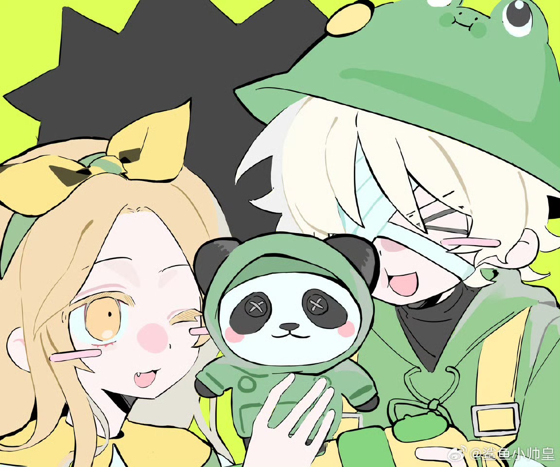 florian brand, memory (identity v), memory (panda friend) (identity v), identity v, > <, 1boy, 1girl, :d, bandage on face, bandages, bandages over eyes, blonde hair, blush stickers, closed eyes, fang, florian brand (leonard), frog hat, green hoodie, hair ribbon, holding, holding stuffed toy, hood, hood down, hoodie, one eye closed, open mouth, ribbon, smile, stuffed toy, turtleneck, xd, yellow eyes, zuihoudeqishi802