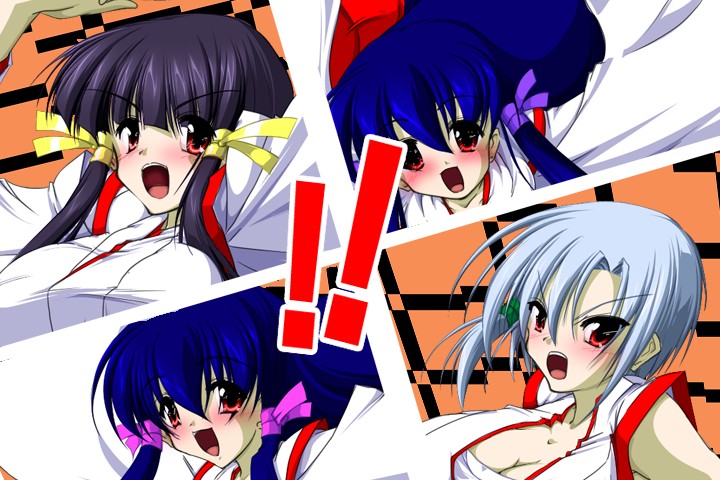 hoppa-, hopper (canon), kasuga koito, kasuga kouta, kasuga maori, kasuga tsuzune, aq interactive, arcana heart, atlus, examu, persona, persona 4, silver hair, !, !!, 4girls, :d, all-out attack, angry, arms up, black hair, blue hair, blunt bangs, blush, breasts, cleavage, close-up, cosplay, hair ribbon, hime cut, japanese clothes, large breasts, long hair, miko, multiple girls, open clothes, open mouth, open shirt, parody, ponytail, red eyes, ribbon, sarashi, shirt, short hair, siblings, side ponytail, sisters, smile, twins