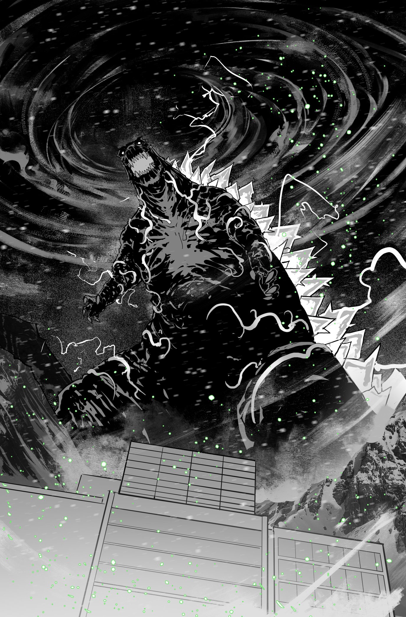 kjlbs, godzilla, godzilla (kai-sei), godzilla (series), godzilla kai-sei, toho, highres, official art, claws, fangs, giant, giant monster, glowing, greyscale, jaw, kaiju, monochrome, monster, no humans, open mouth, scales, sharp teeth, sky, spikes, spines, teeth