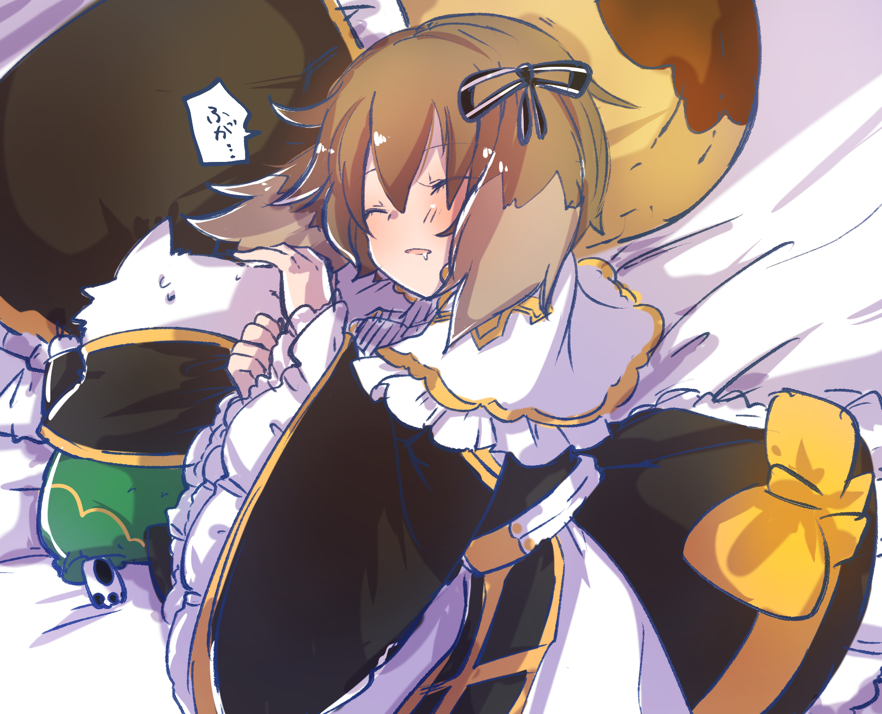 asuta (kinakomoti300), arch bishop (ragnarok online), summoner (ragnarok online), ragnarok online, commentary request, highres, 2girls, animal ears, black dress, black ribbon, bow, brown hair, cat ears, cat girl, cat tail, closed eyes, cowboy shot, dress, dress bow, frilled sleeves, frills, green dress, hair ribbon, multiple girls, official alternate costume, open mouth, ribbon, short hair, sleeping, tail, two-tone dress, white dress, yellow bow