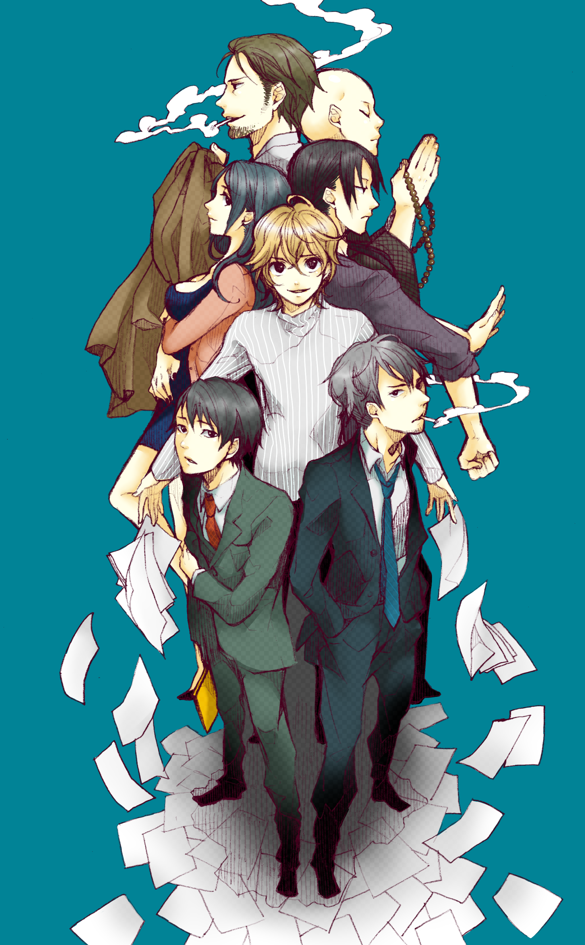 todoroki sora, original, silver hair, absurdres, bad id, bad pixiv id, highres, 1girl, 6+boys, blonde hair, blue eyes, blue hair, cigarette, formal clothes, multiple boys, smoking, suit, todorokisora
