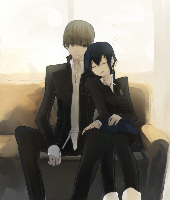 darao, dro, narukami yu, shirogane naoto, atlus, persona, persona 4, bad id, bad pixiv id, 1boy, 1girl, androgynous, couch, couple, hetero, reverse trap, sleeping