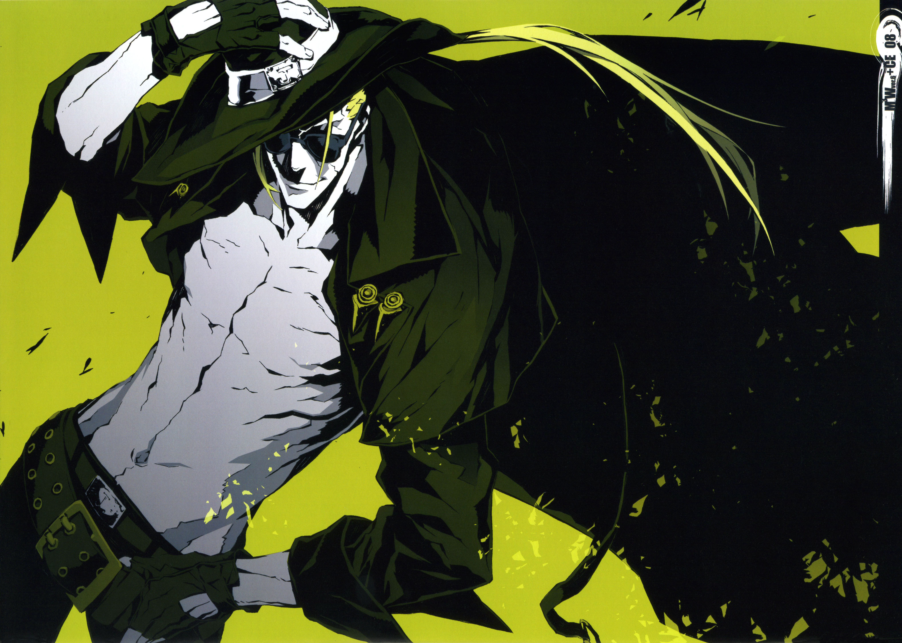 miwa shirow, johnny (guilty gear), arc system works, guilty gear, highres, 1boy, belt, fingerless gloves, gloves, hat, male focus, open clothes, open shirt, shirt, solo, sunglasses