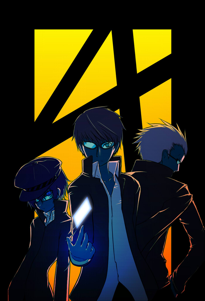 np, np (edage no hazama), narukami yu, shirogane naoto, tatsumi kanji, atlus, persona, persona 4, bad id, bad pixiv id, 1girl, 2boys, glasses, hat, multiple boys, newsboy cap, shadow