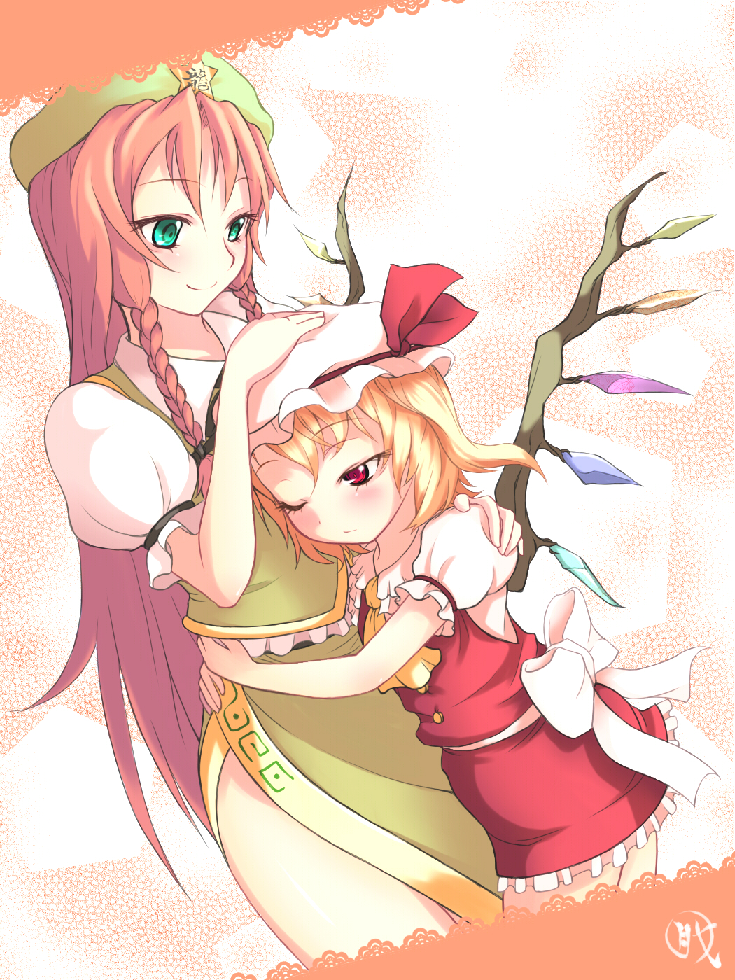 uruu gekka, flandre scarlet, hong meiling, embodiment of scarlet devil, touhou, bad id, bad pixiv id, highres, 2girls, blonde hair, blush, china dress, chinese clothes, dress, female focus, hand on another's head, hat, hug, long hair, mob cap, multiple girls, one eye closed, red hair, ribbon, short hair, wings, wink