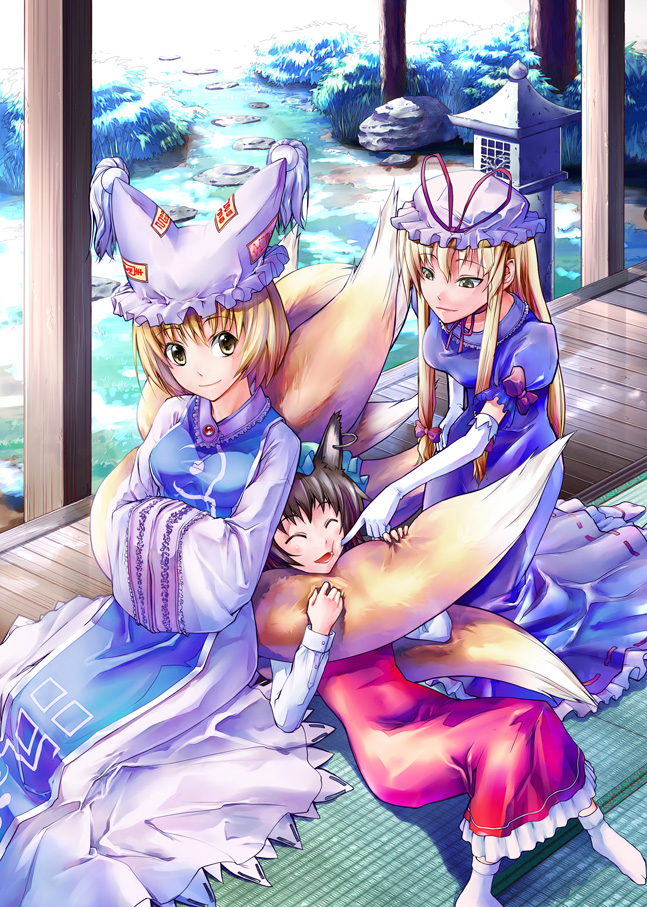 yuugo, yuugo (atmosphere), chen, yakumo ran, yakumo yukari, touhou, 3girls, animal ears, blonde hair, cat ears, cat girl, cat tail, cheek poking, closed eyes, earrings, female focus, fox ears, fox tail, hands in opposite sleeves, hat, hug, hugging another's tail, hugging tail, jewelry, long hair, multiple girls, multiple tails, poking, porch, ribbon, short hair, stone lantern, tail, veranda, yellow eyes