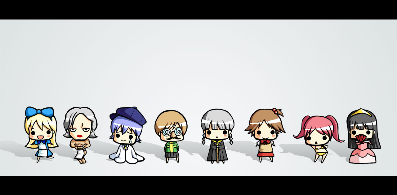chai (drawingchisanne), amagi yukiko, hanamura yousuke, kujikawa rise, kuma (persona 4), narukami yu, satonaka chie, shirogane naoto, tatsumi kanji, atlus, persona, persona 4, bad id, bad pixiv id, 4boys, 4girls, chibi, crossdressing, letterboxed, multiple boys, multiple girls, simple background, trap, white background